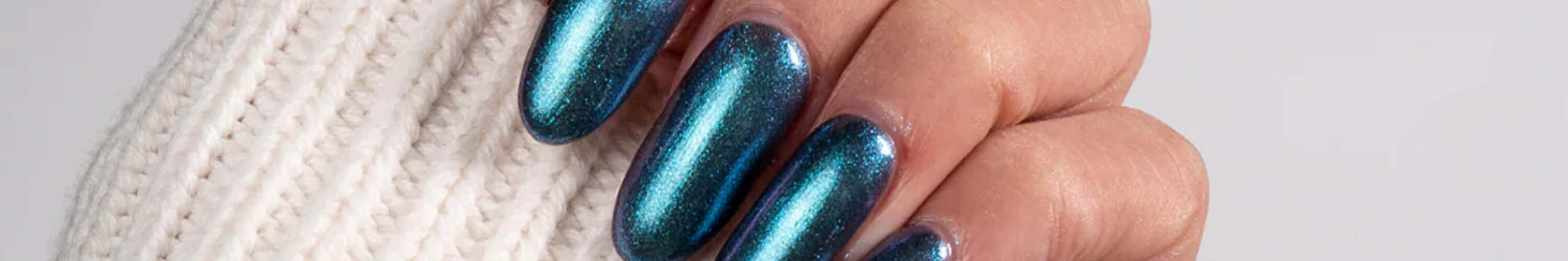 Hanami nail care image showcasing glossy blue-green nails with sustainable, vegan formula.