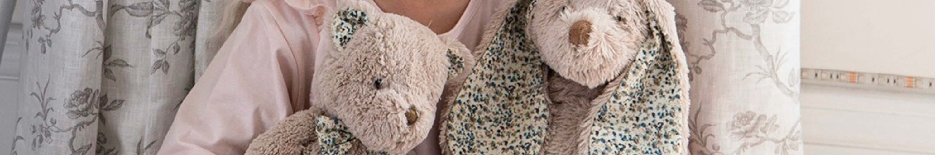 Alt Tag: Lily & George plush teddy bear comforter blanket with floral fabric, soft New Zealand designed baby toy companion