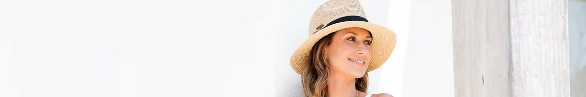 Sundaise Australian headwear collection model wearing straw hat, Sunshine Coast Queensland family-owned accessories brand