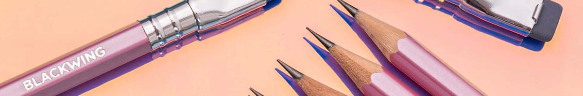 Blackwing pencils close-up with erasers and sharpened tips, premium wooden pencils by California Cedar Products