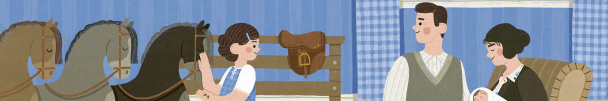 Alt Tag: Little People Big Dreams collection illustration of family and horses in stable, inspiring kids to dream big
