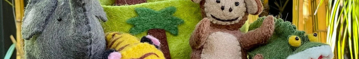 Pashom fair-trade handmade felt toys from Nepal, monkey and elephant plush with colorful cushions, kids toy and decor