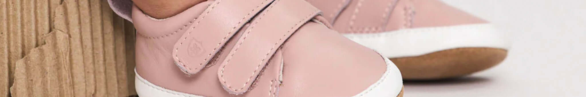 Alt Tag: Pretty Brave baby and toddler shoes in soft pink with velcro straps, designed in New Zealand and made with love