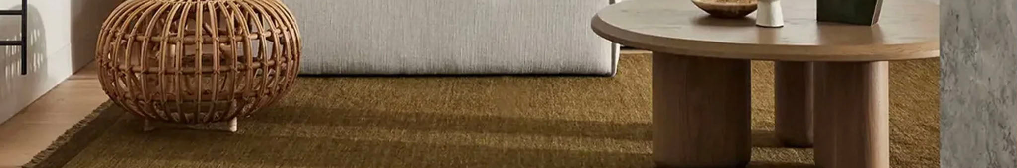 Alt Tag: Weave coastal-inspired woven rug under modern round coffee table in contemporary living room