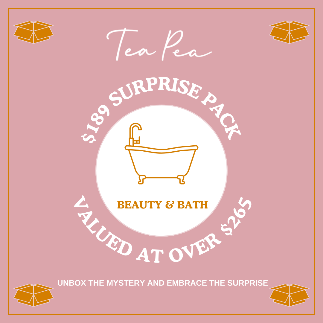 Alt Tag: Tea Pea Beauty & Bath Surprise Pack $189 surprise pack graphic with bathtub icon, valued over $265, beauty and bath mystery box
