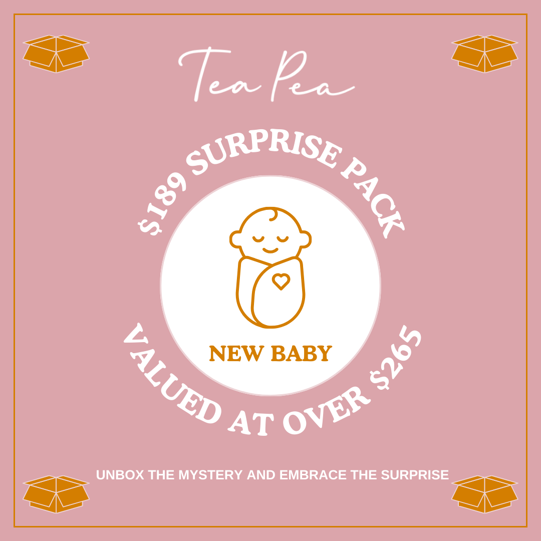 Alt Tag: Tea Pea New Baby Surprise Pack mystery box with new baby icon, $189 surprise pack valued over $265
