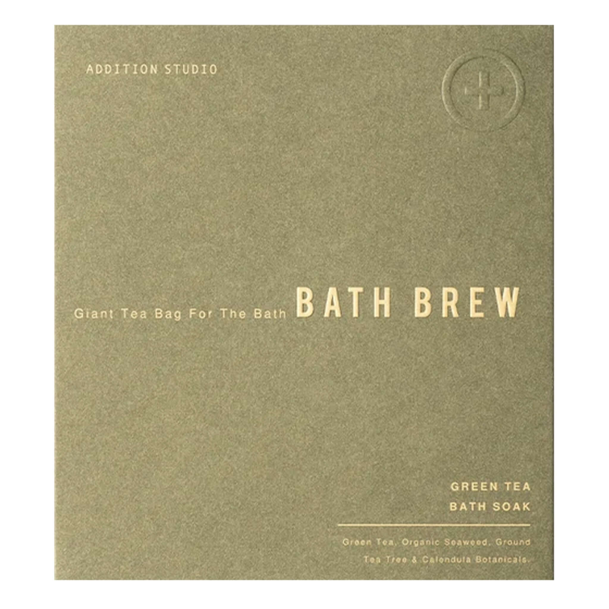 Addition Studio Bath Brew - Matcha Green Tea packaging with giant tea bag for bath soak.