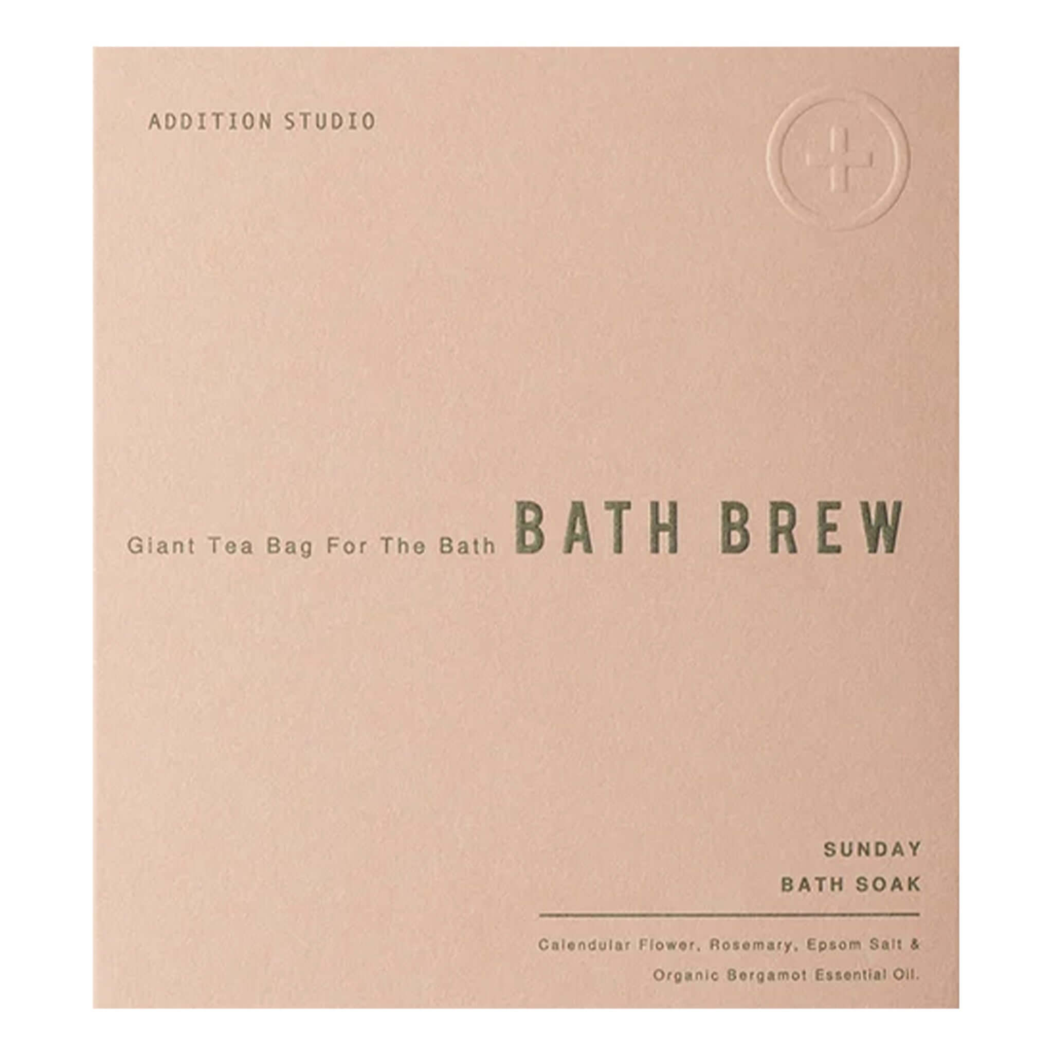 Addition Studio Bath Brew - Sunday Bath Soak Giant Tea Bag for the Bath packaging with herbal ingredients.