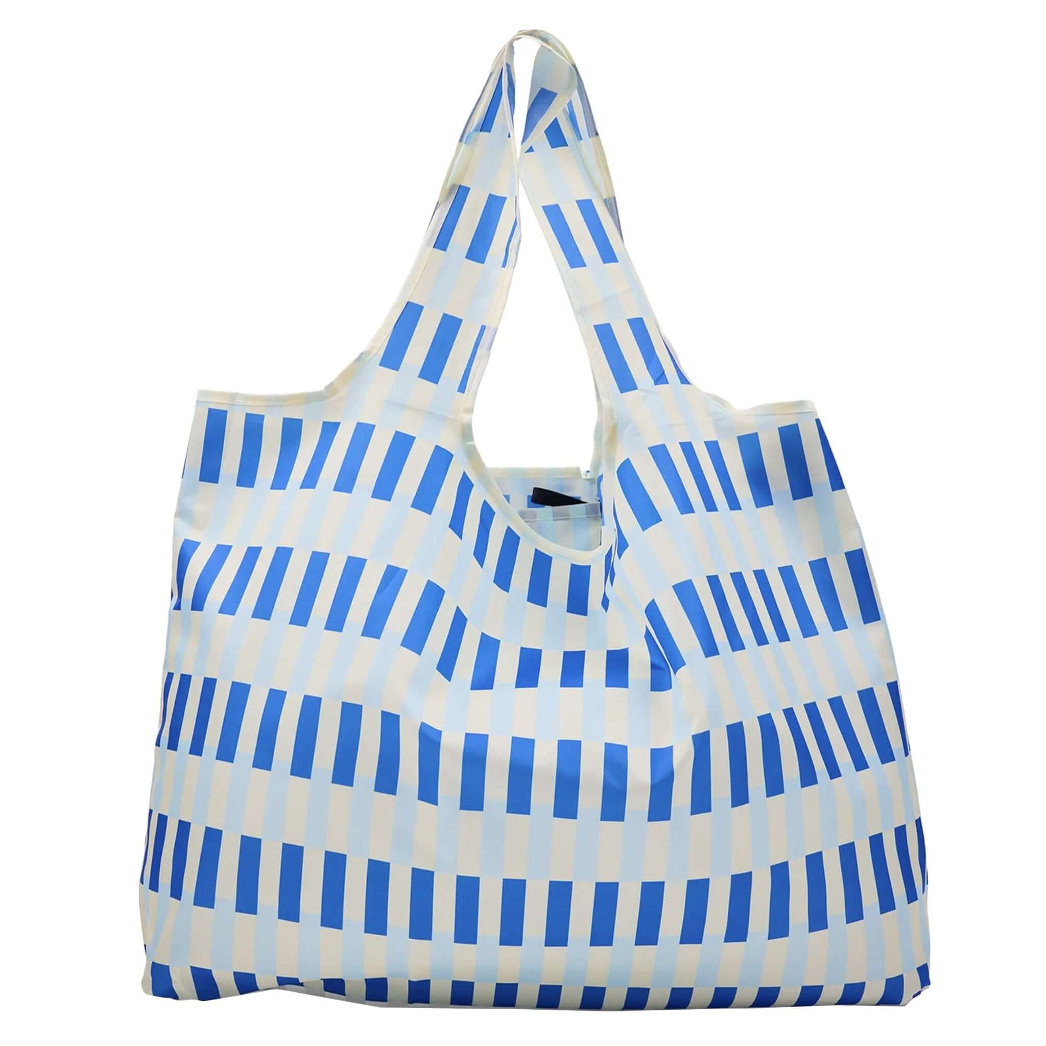 Any Day Now Any Where Tote - Blue & White stylish graphic nylon tote bag with blue and white stripes.