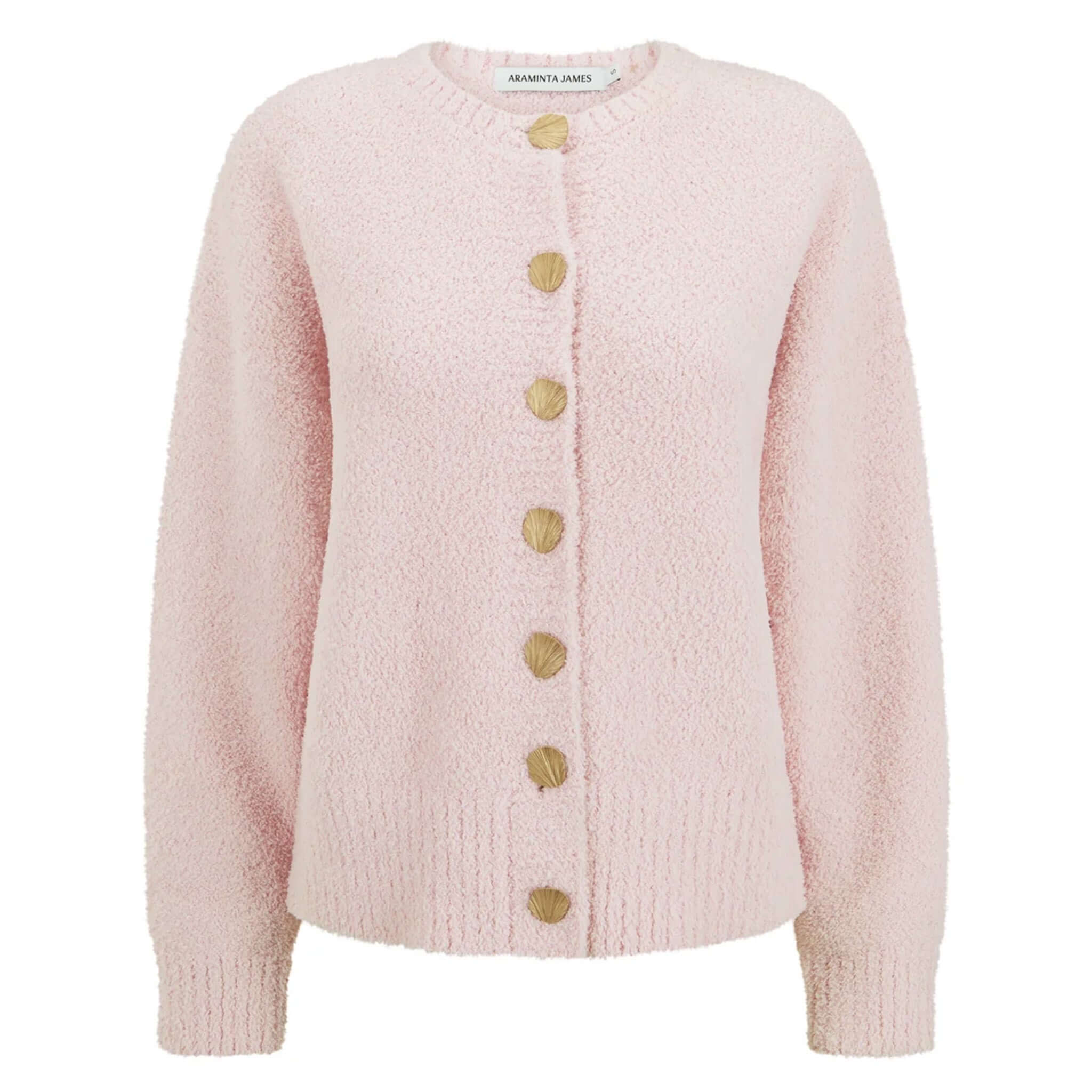 Araminta James Aimes Shell Cardigan - Ballet Pink with gold shell buttons and fluffy knit design.