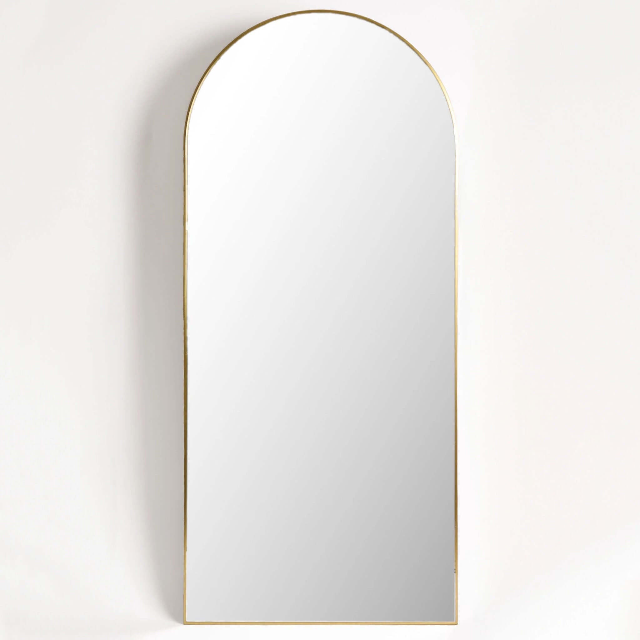 Alt Tag: Arched Floor Mirror - Brass satin brass arched full-length freestanding mirror for bedroom, hallway or dressing space