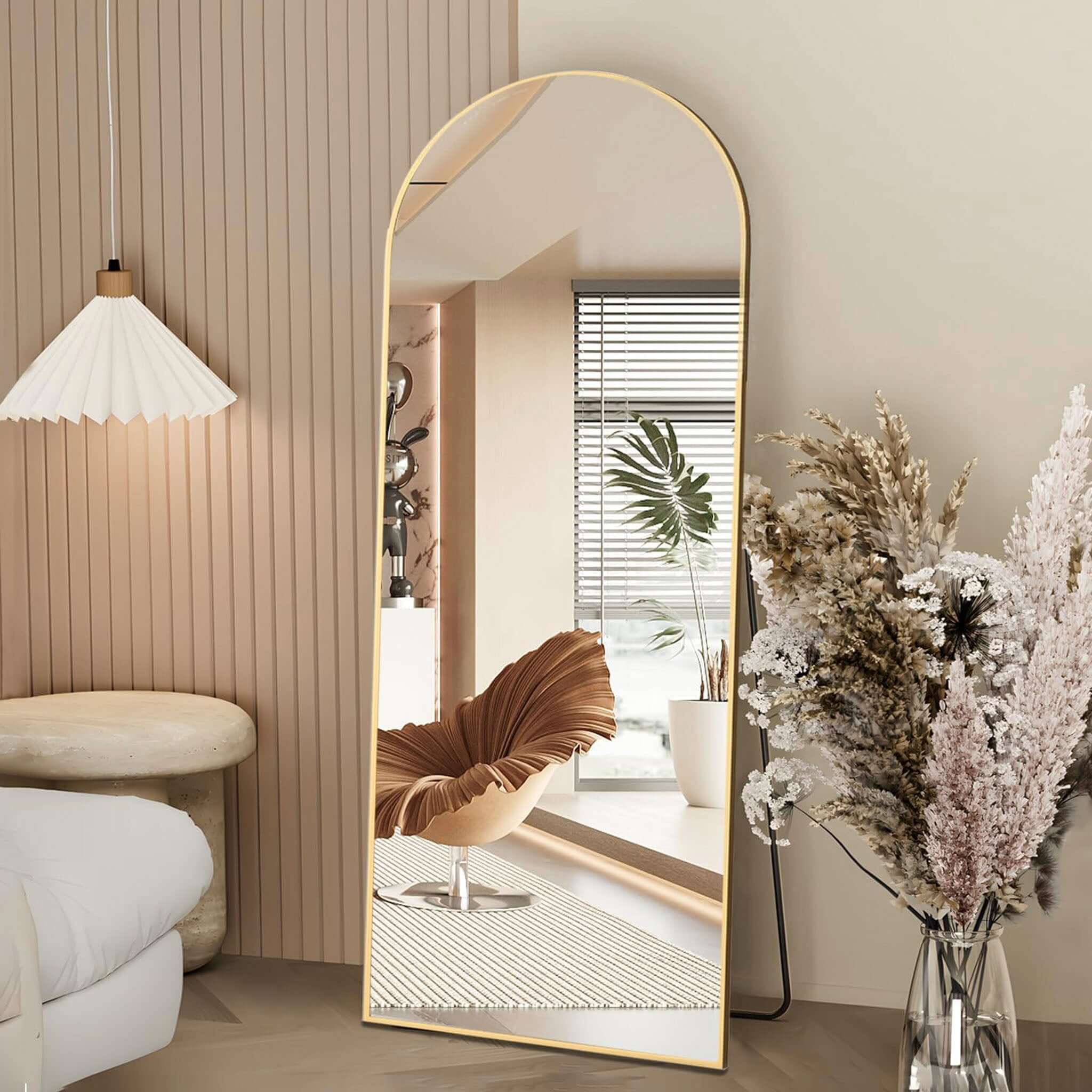 Alt Tag: Arched Floor Mirror - Brass freestanding arched full-length mirror with satin brass aluminium frame, modern bedroom decor