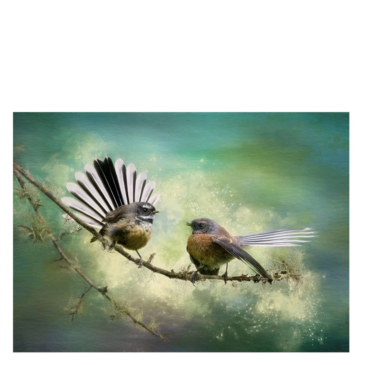 Art By JLM Card - Piwakawaka: the Secret featuring two fantails on a branch against a teal and green background.