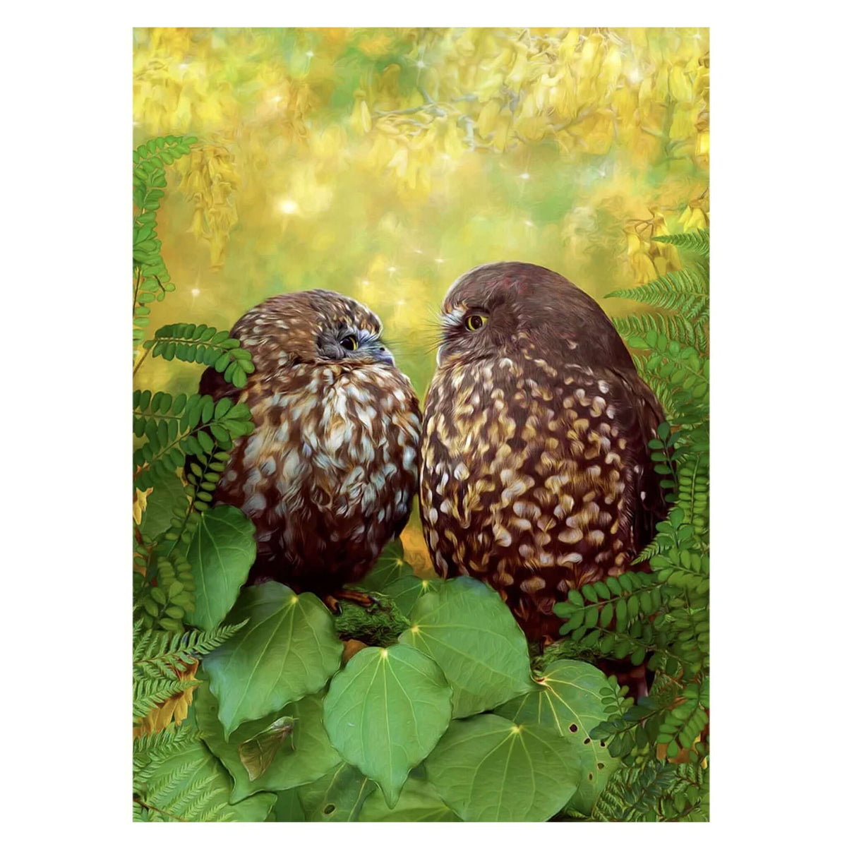Art By JLM Card - Ruru : Aroha Nui featuring two morepork birds among ferns and kōwhai blooms.