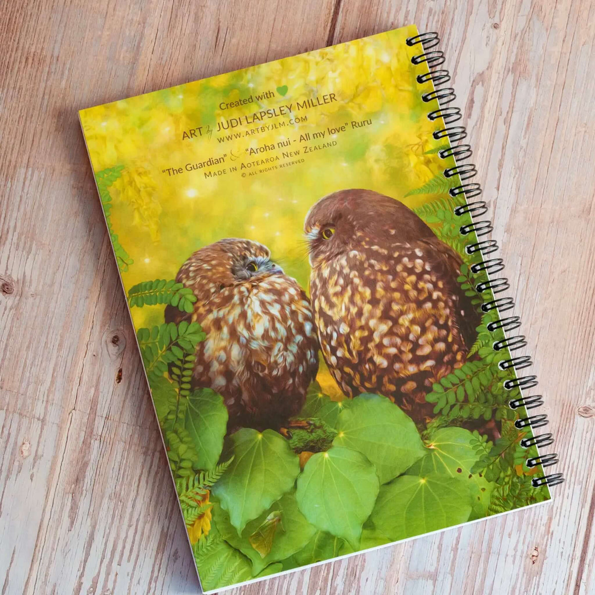 Art By JLM Bird Art Notebook - Ruru featuring Ruru artwork on a glossy A5 cover, perfect for owl lovers.