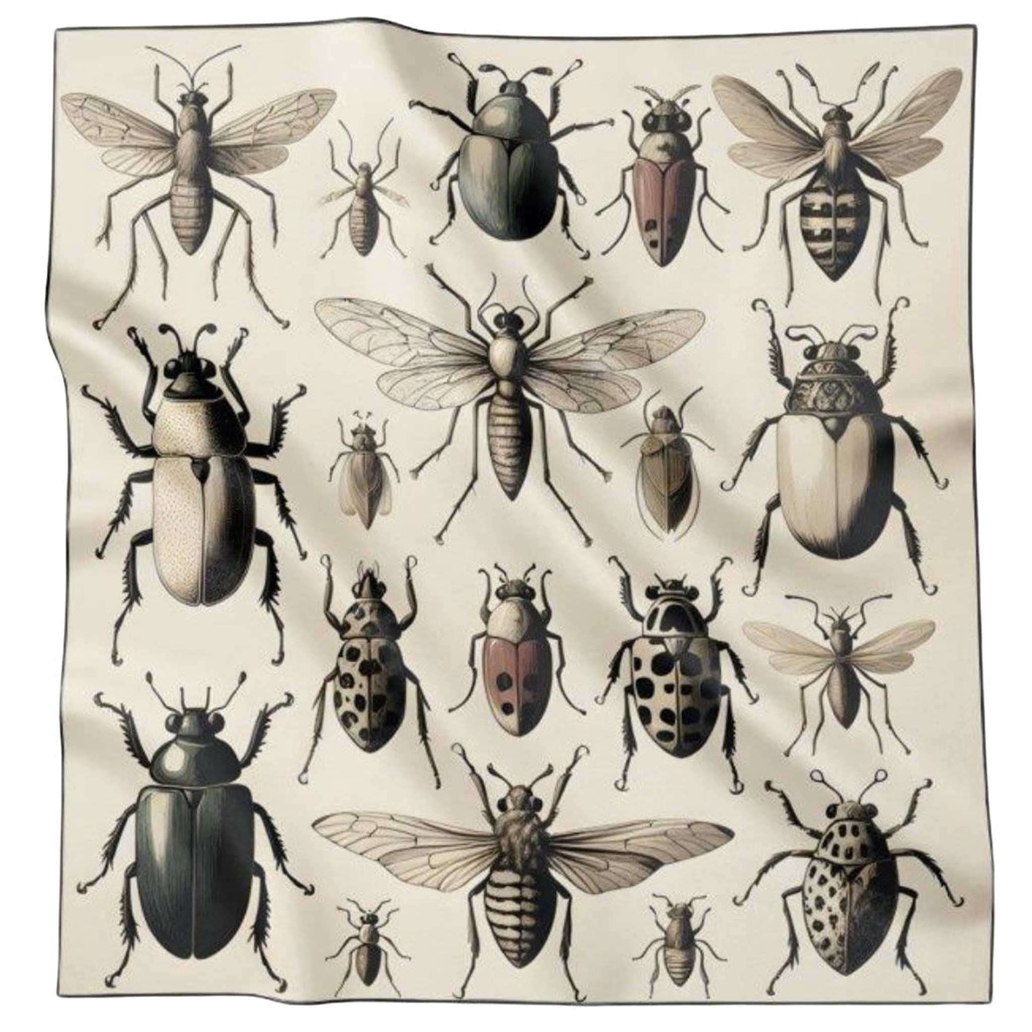 Alt Tag: Artifact Square Silk Scarf - Bugs with entomology insect print on cream silk twill, hand-rolled hem, 90x90cm