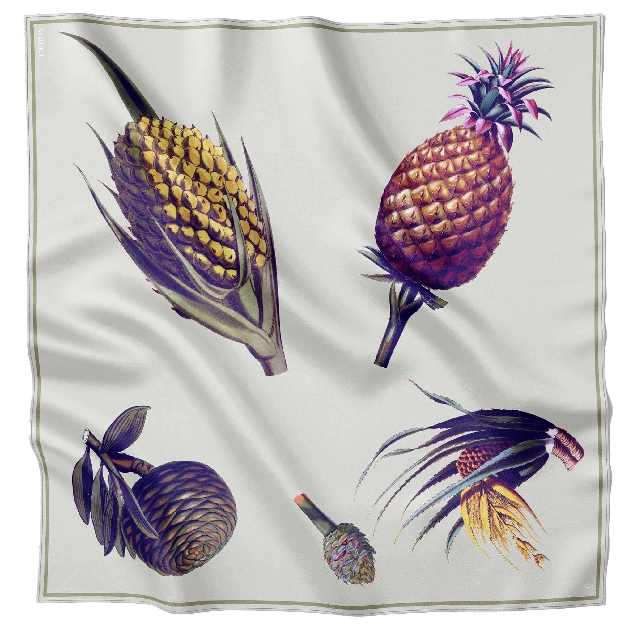 Alt Tag: Artifact Square Silk Scarf - Pomona Grove with illustrated pineapples, seed pods, and tropical flora on silk twill