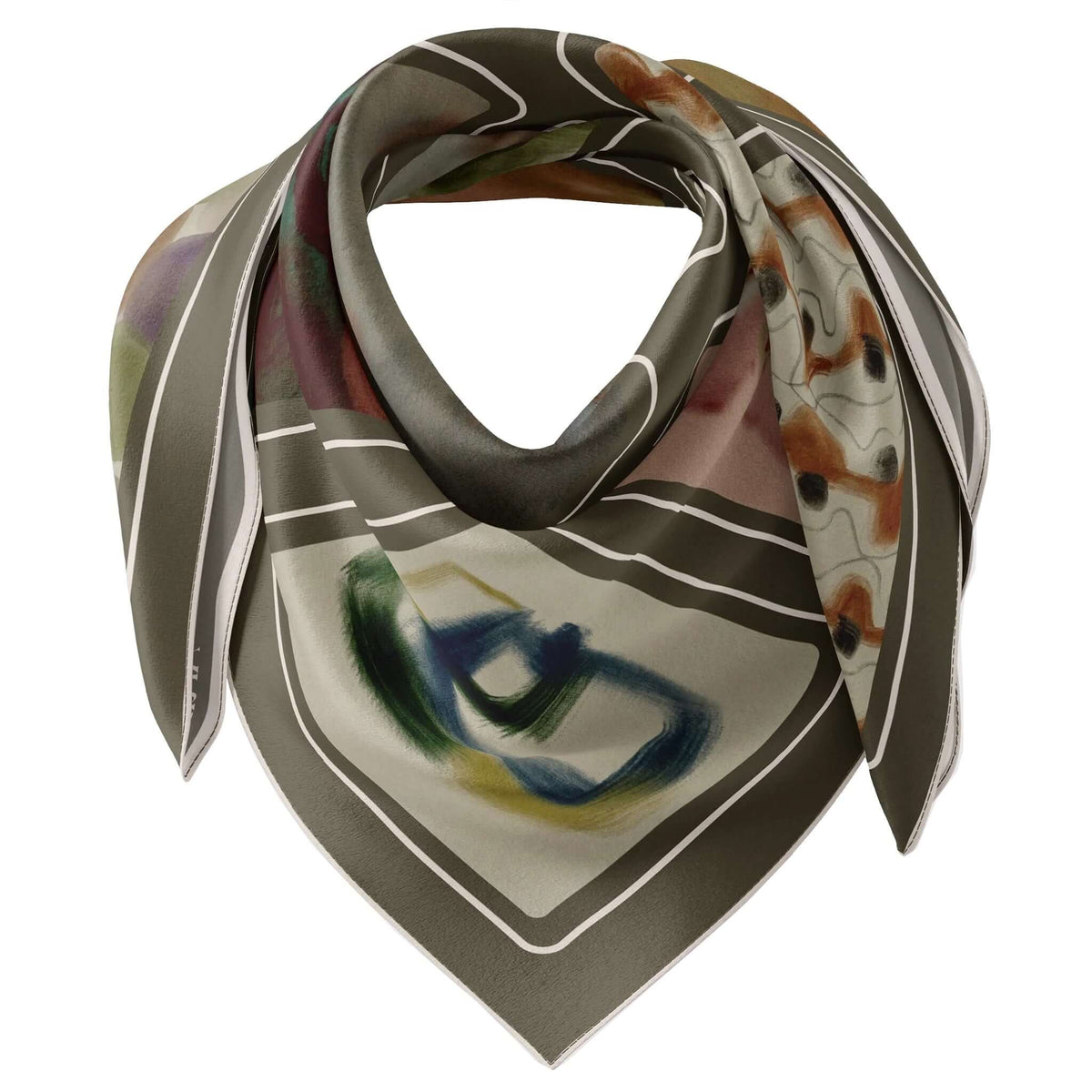 Artifact Square Silk Scarf - Tableau Muse showcasing vibrant art-inspired patterns in rich colors.