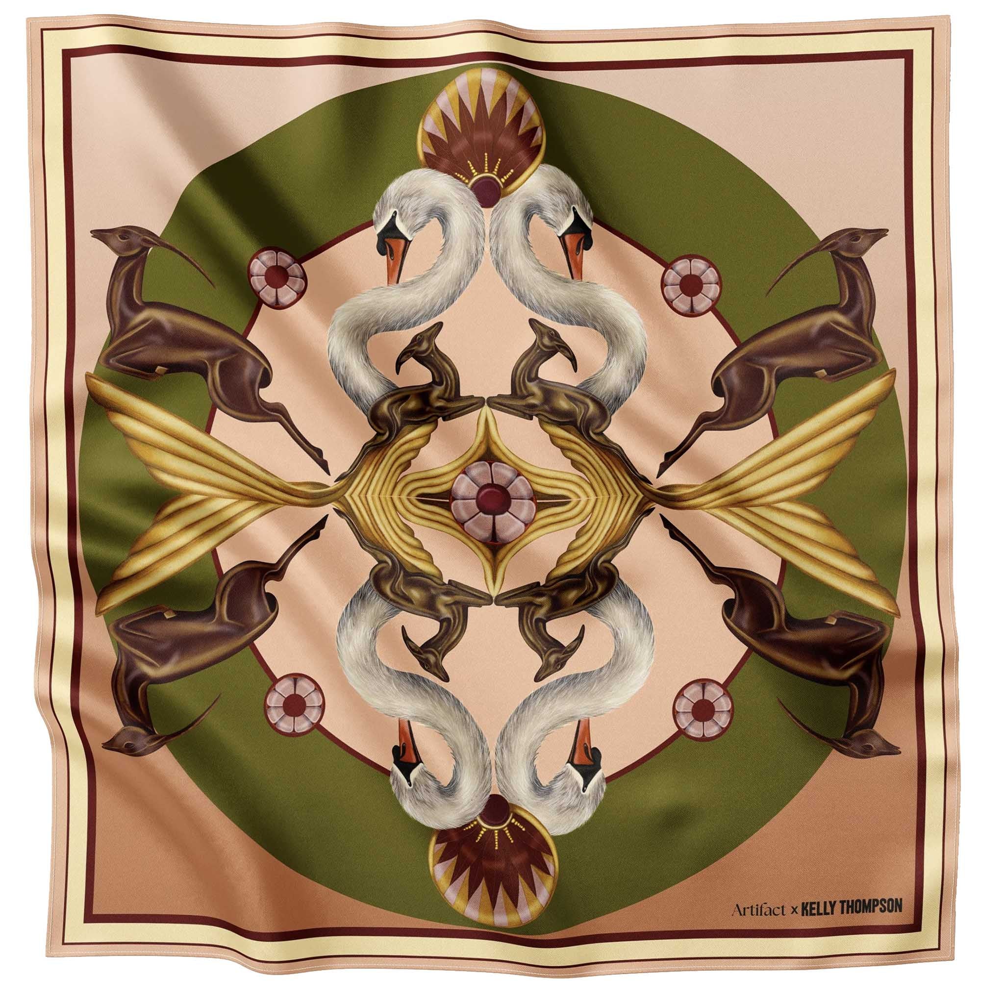 Alt Tag: Artifact x Kelly Thompson Square Silk Scarf - Gilded with swans and gazelles in gold symmetric print on silk twill