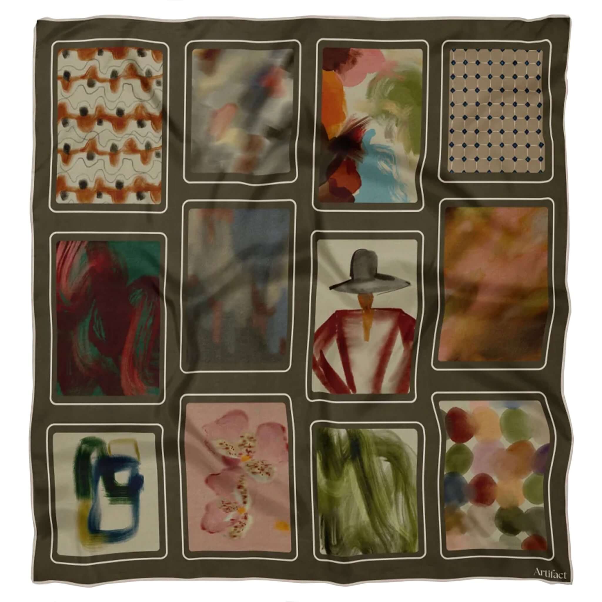 Artifact Square Silk Scarf - Tableau Muse featuring art-inspired designs on a deep charcoal-olive background.