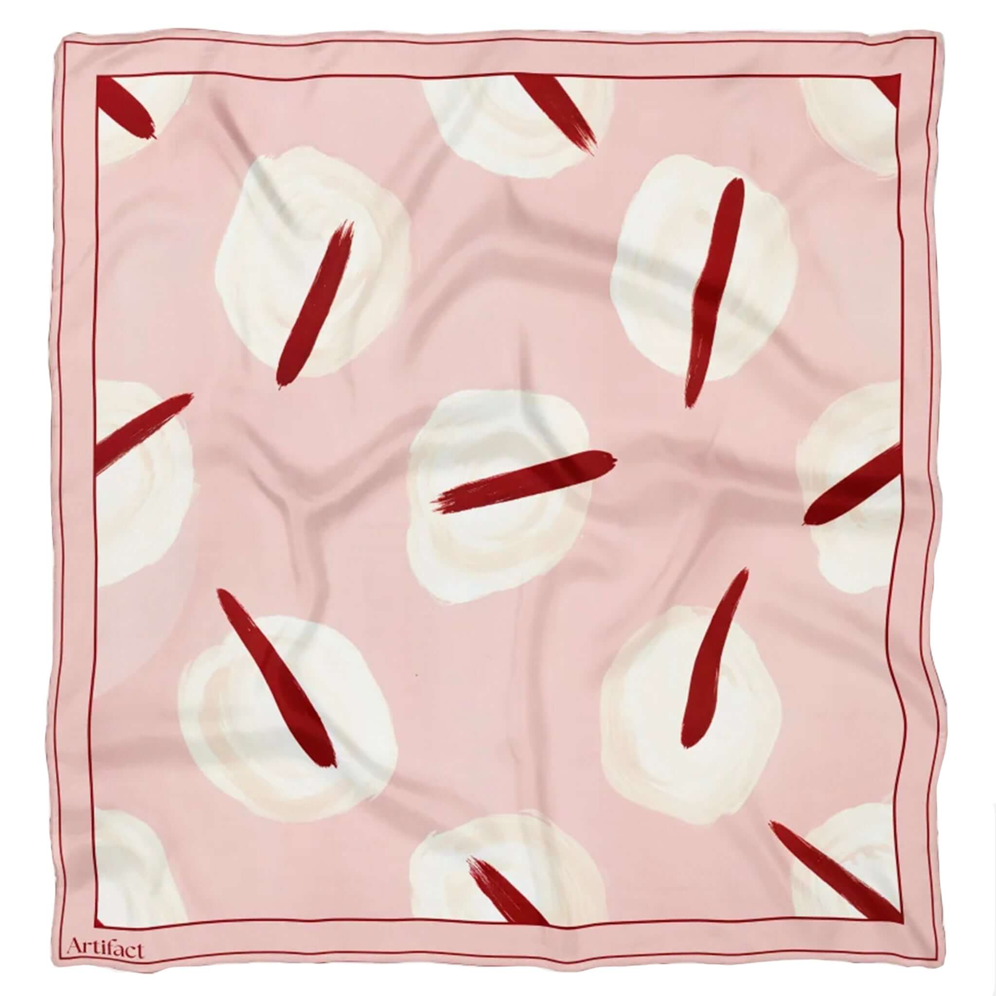 Artifact Square Silk Scarf - Tableau Rosetta featuring painterly florals on a blush background with crimson accents.