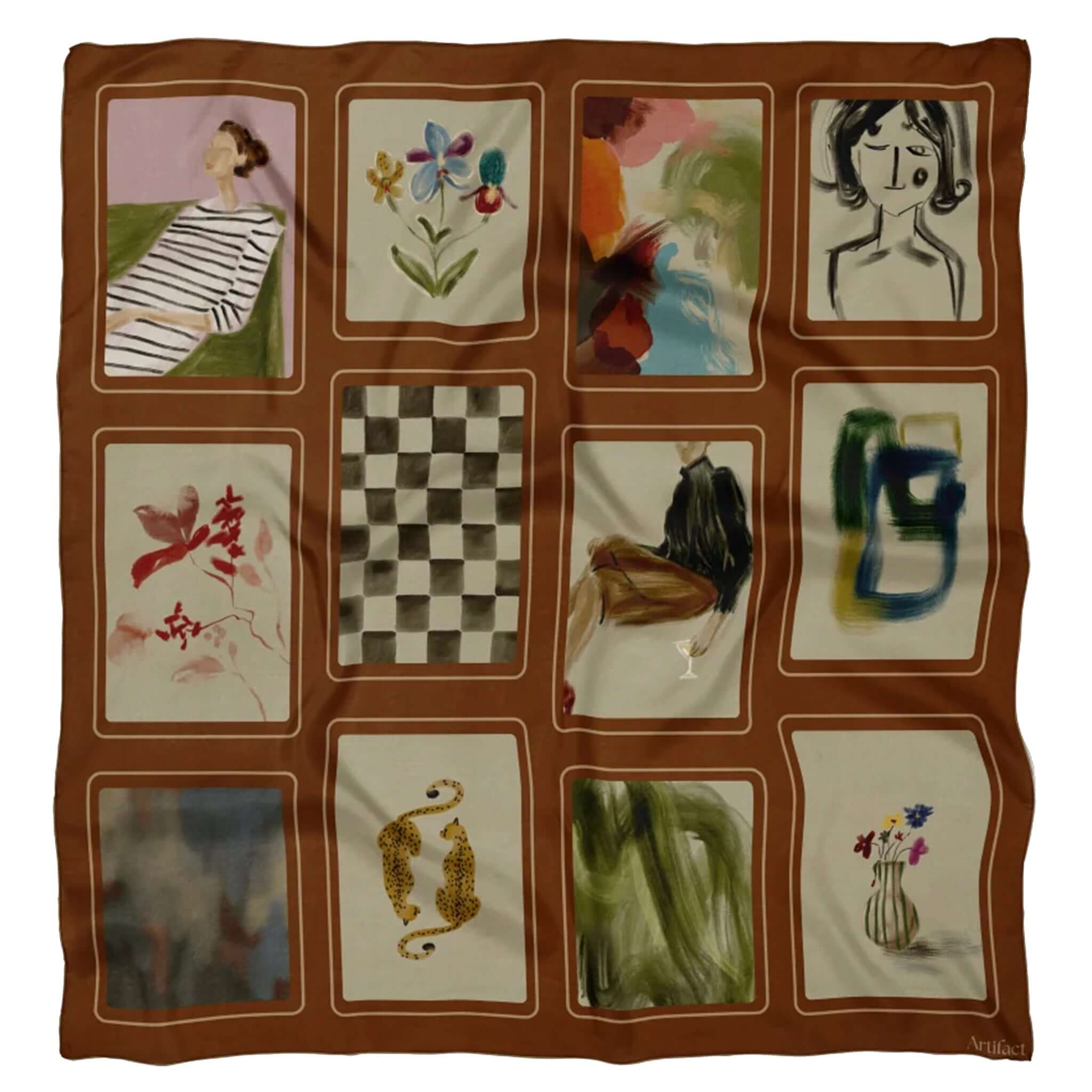Artifact Square Silk Scarf - Tableau Salon featuring framed art on a rich tan-brown background.