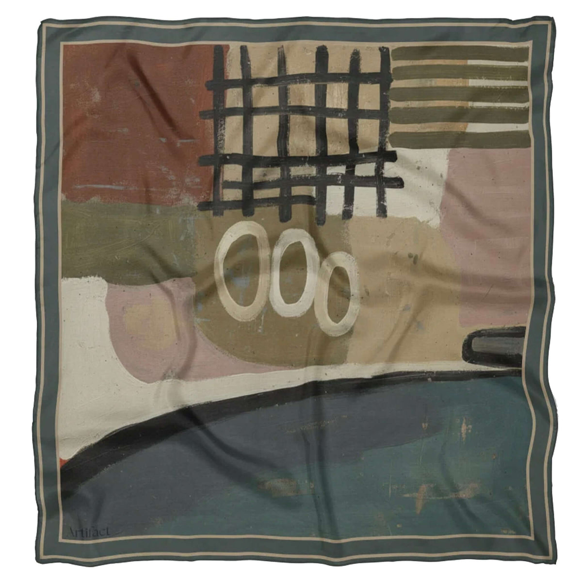 Artifact Square Silk Scarf - Tableau Strata featuring abstract patterns and colors like terracotta and olive.