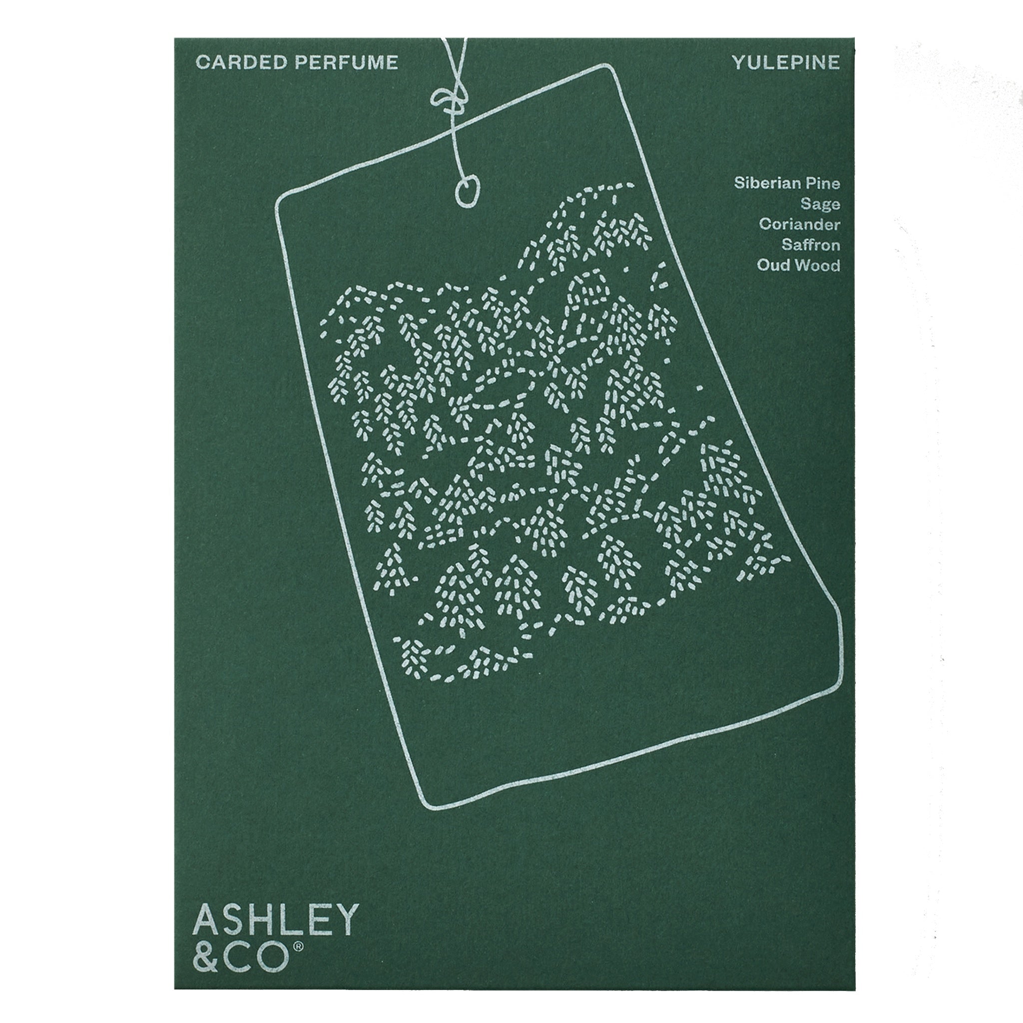 Perfume packaging with plant illustration and Ashley & Co branding on a green background