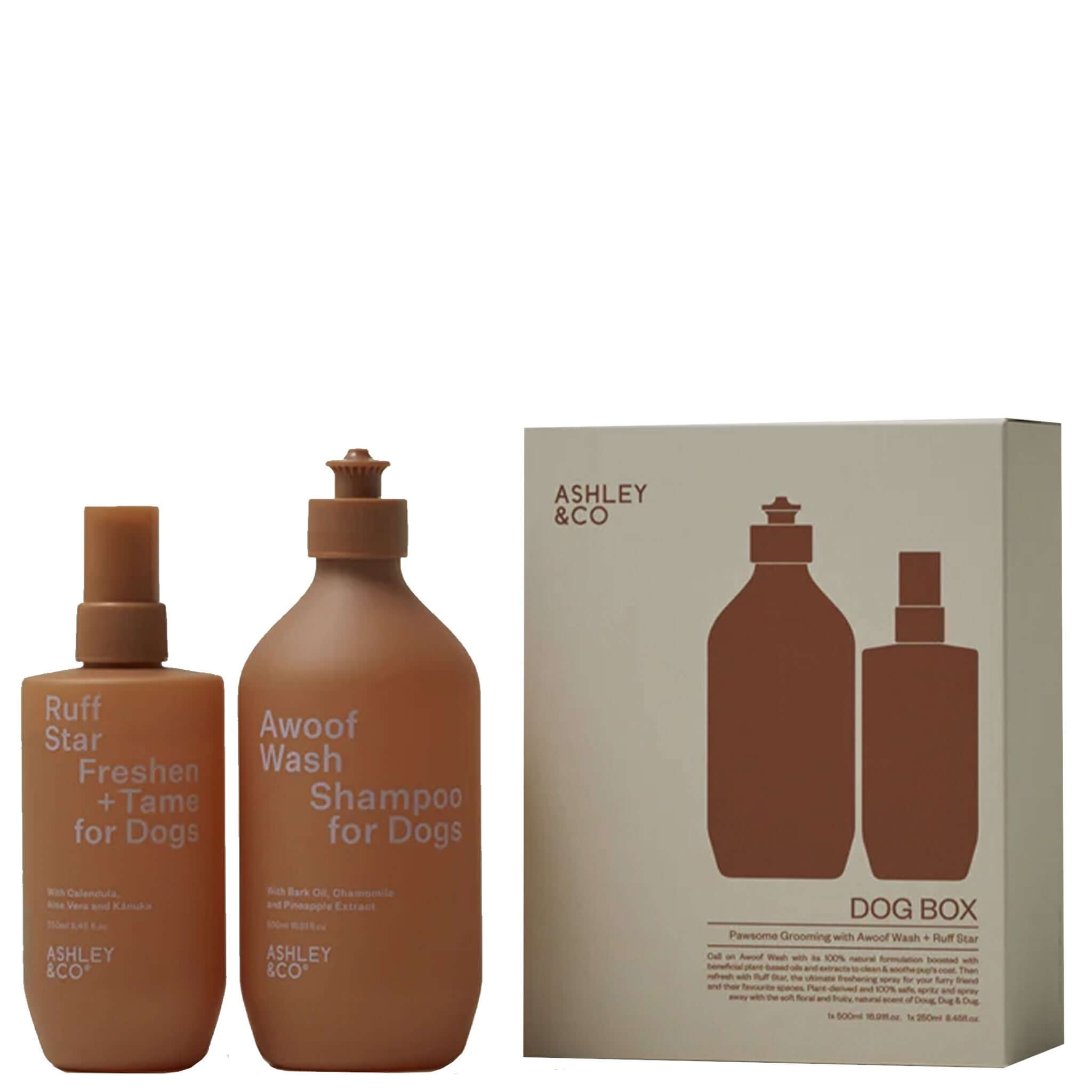 Alt Tag: Ashley & Co Dog Box Grooming Set with Awoof Wash dog shampoo and Ruff Star freshen spray in gift box packaging