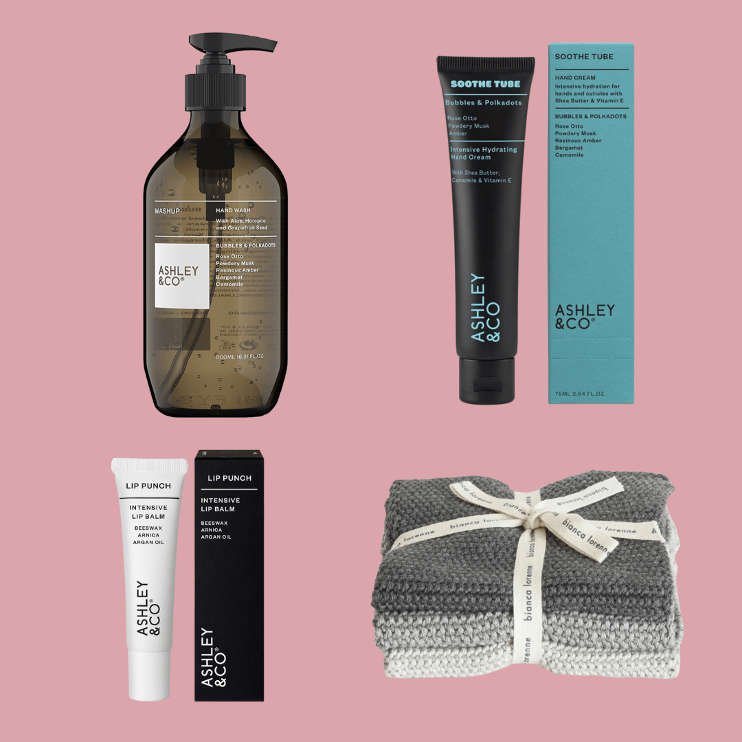Alt Tag: Ashley & Co Gift Box - Bubbles & Polkadots set with hand wash, soothe tube, lip balm and grey wash cloths