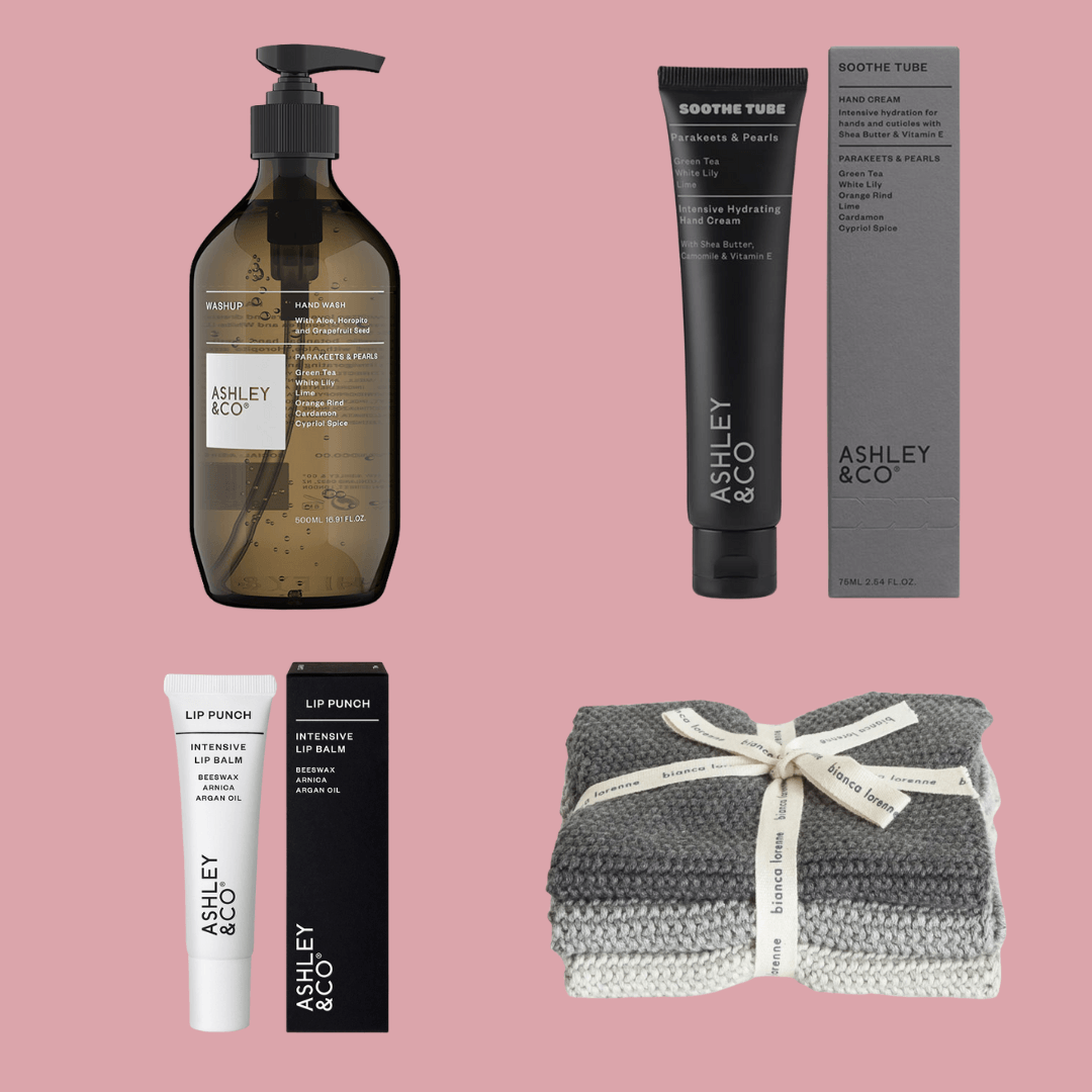 Alt Tag: Ashley & Co Gift Box - Parakeets & Pearls with hand wash, soothe tube, lip balm and grey wash cloths in ribboned white box