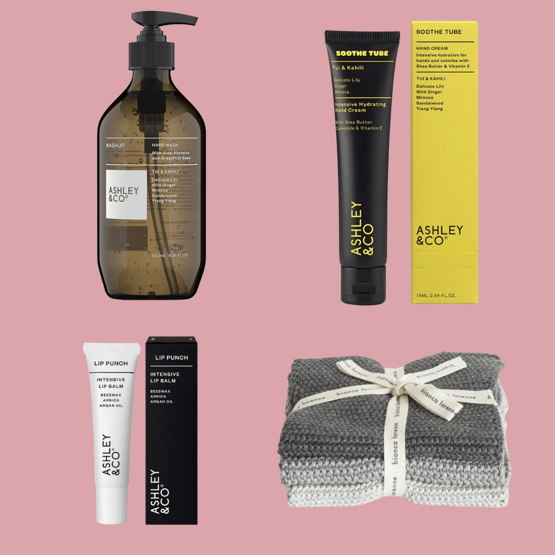 Ashley & Co Gift Box - Tui & Kahili hand wash, soothe tube, lip balm and Bianca Lorenne wash cloths set in grey