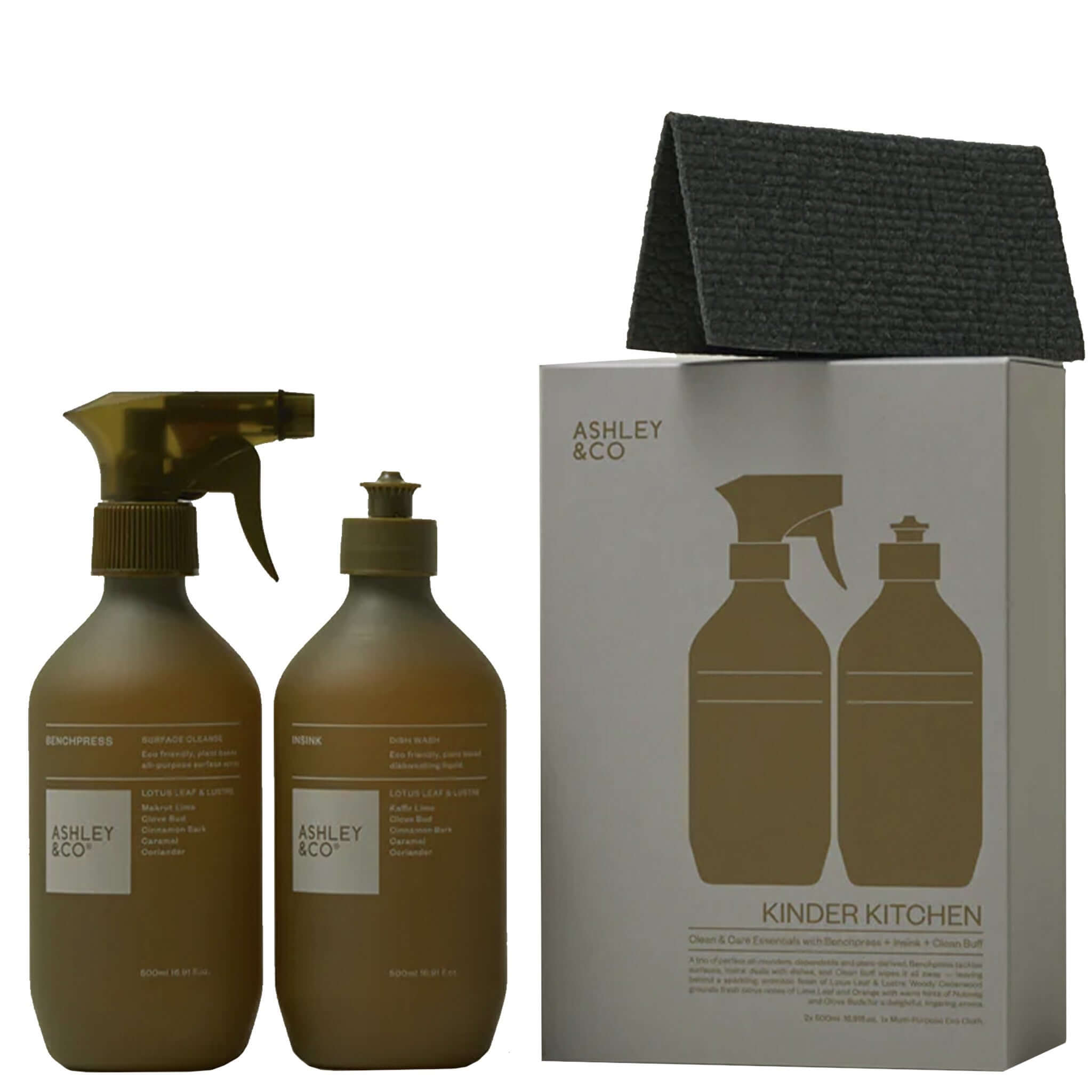 Alt Tag: Ashley & Co Kinder Kitchen Cleaning Set with Benchpress spray, Insink dishwash and Clean Buff cloth in gift box