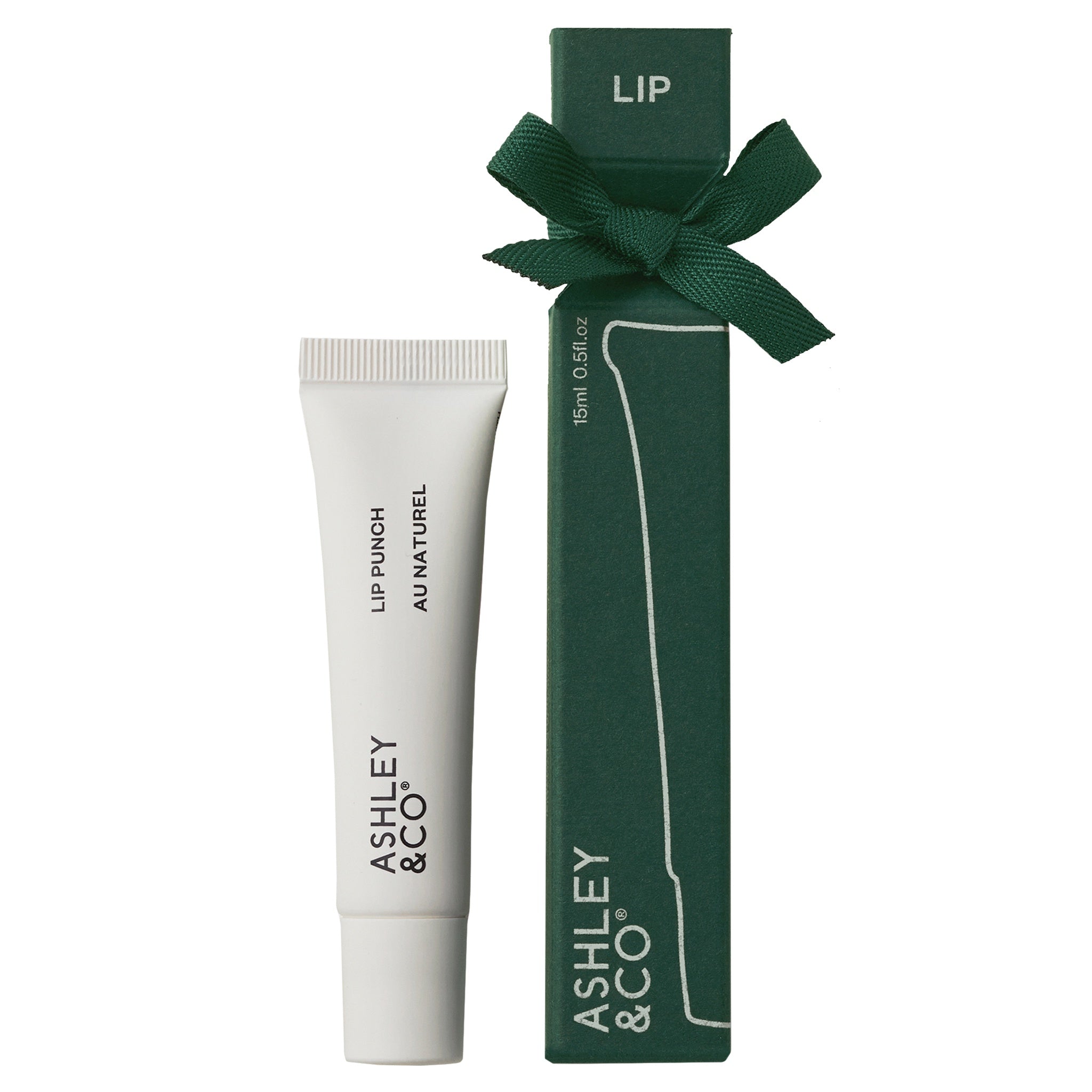 Lip balm and packaging with 'Ashley & Co' branding on a white background