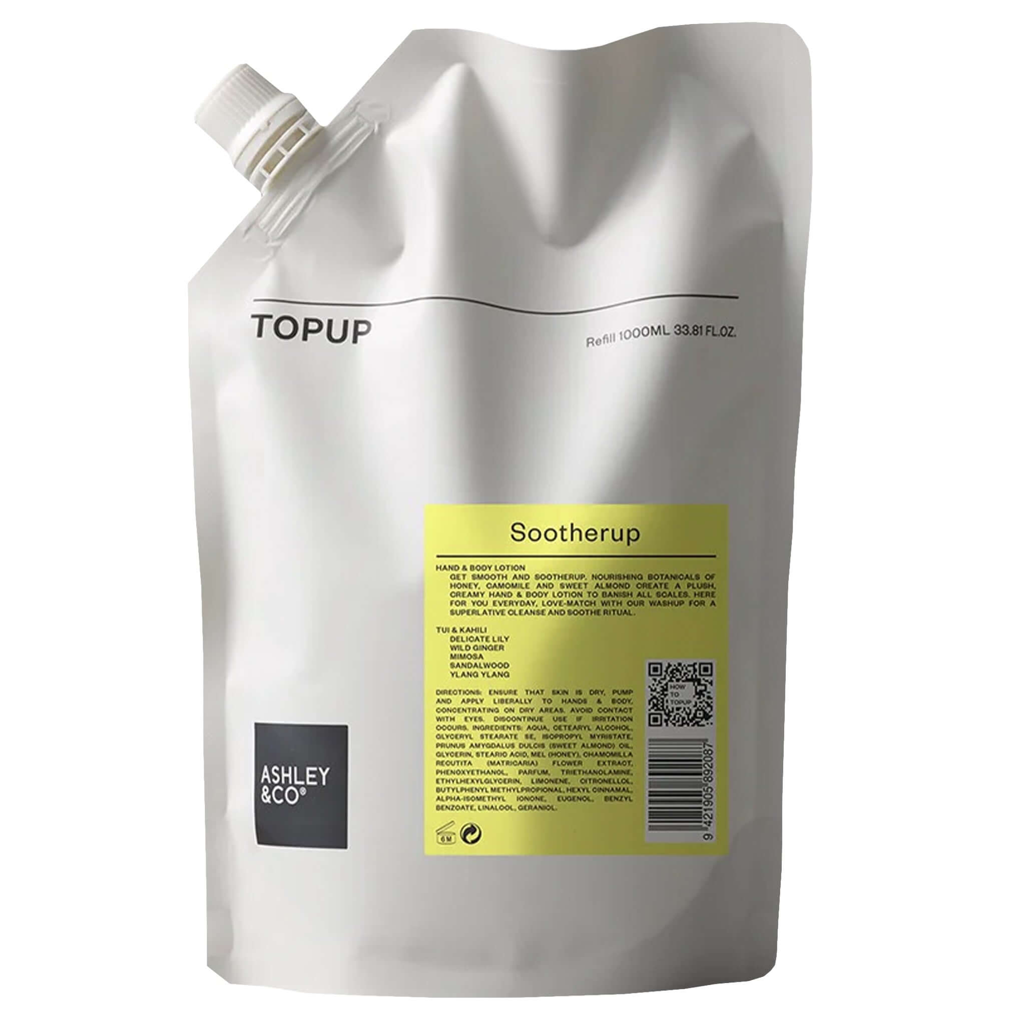 Alt Tag: Ashley & Co Topup Sootherup Hand & Body Lotion Refill 1L pouch with Sootherup label, nourishing honey camomile sweet almond lotion