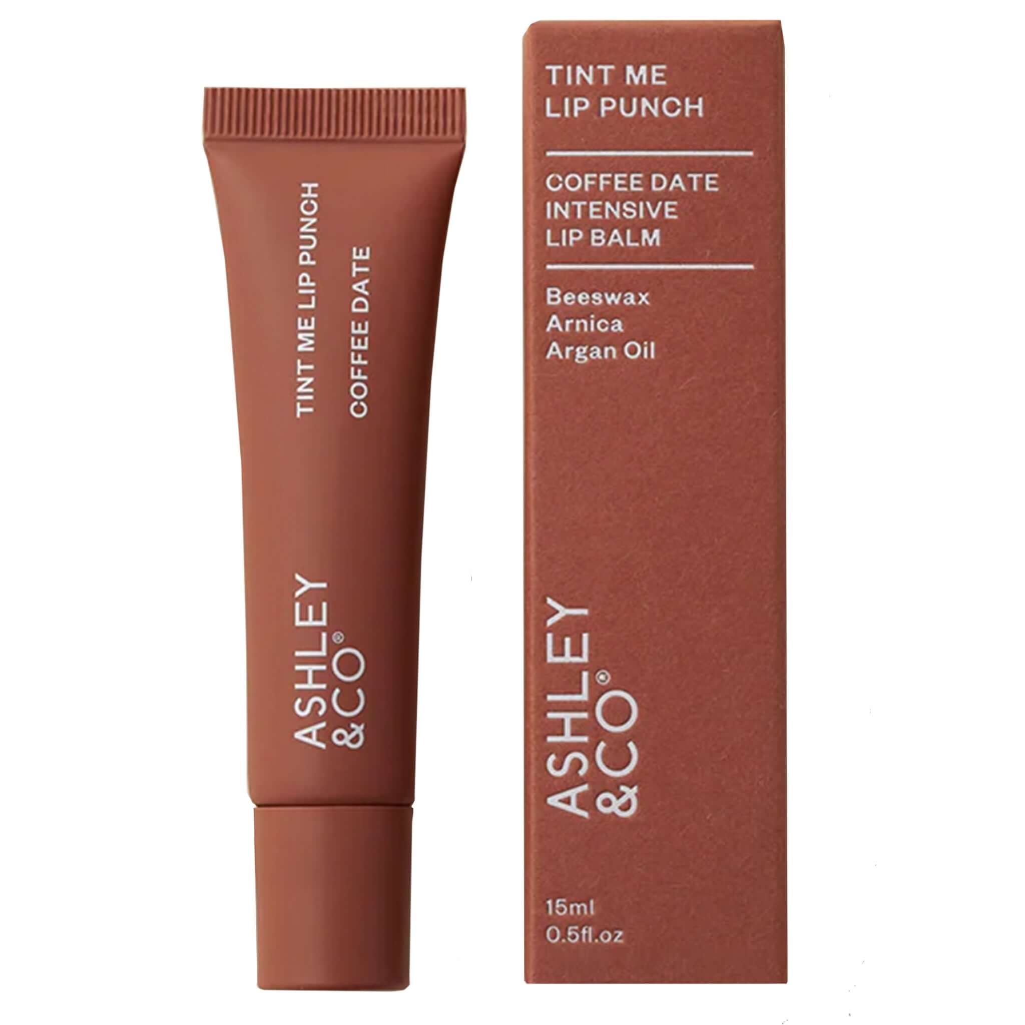 Ashley & Co Tint Me Lip Punch Lip Balm - Coffee Date intensive lip balm tube and box packaging