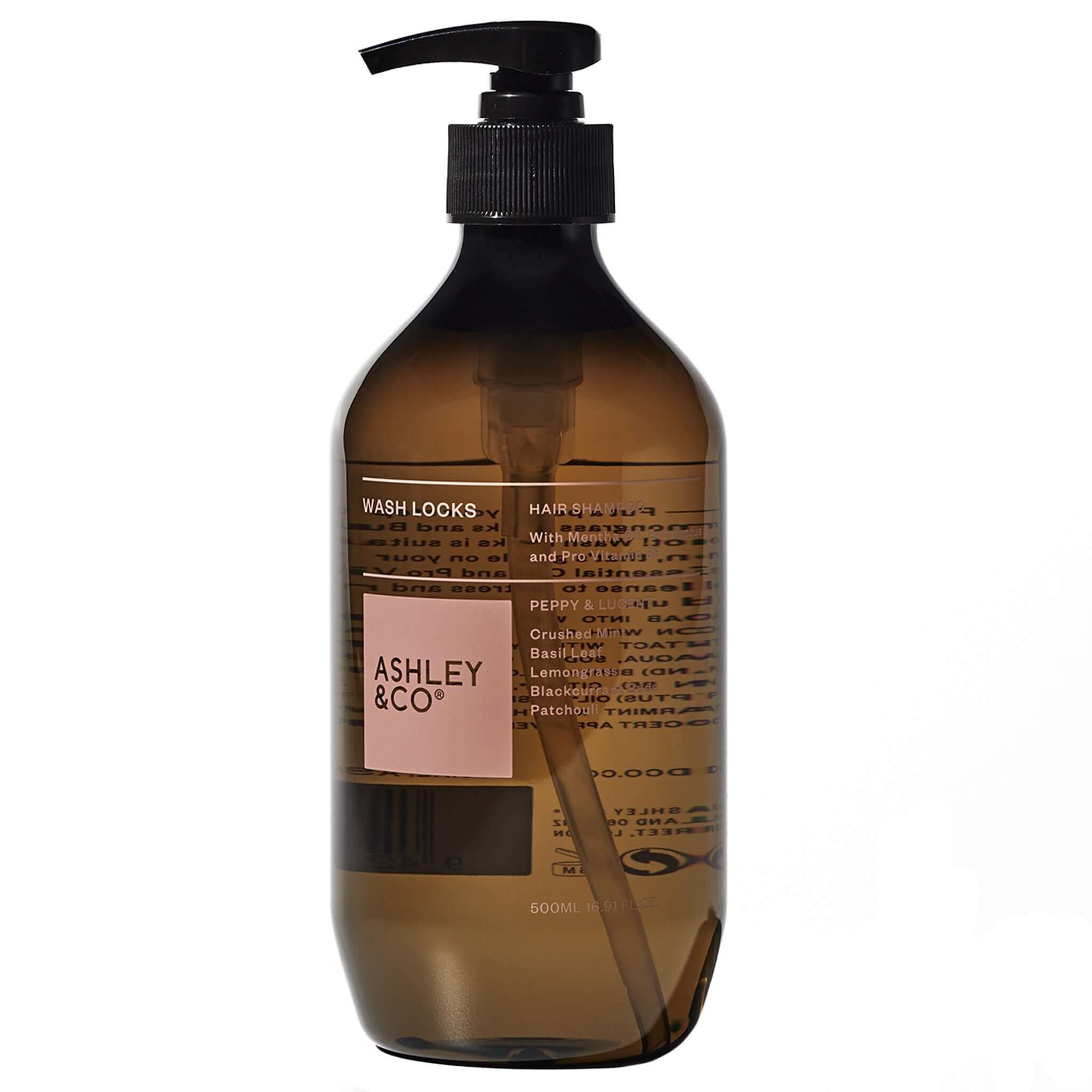 Alt Tag: Ashley & Co Wash Locks Hair Shampoo - Peppy & Lucent balanced shampoo bottle with pump, essential oils & Pro Vitamin B5