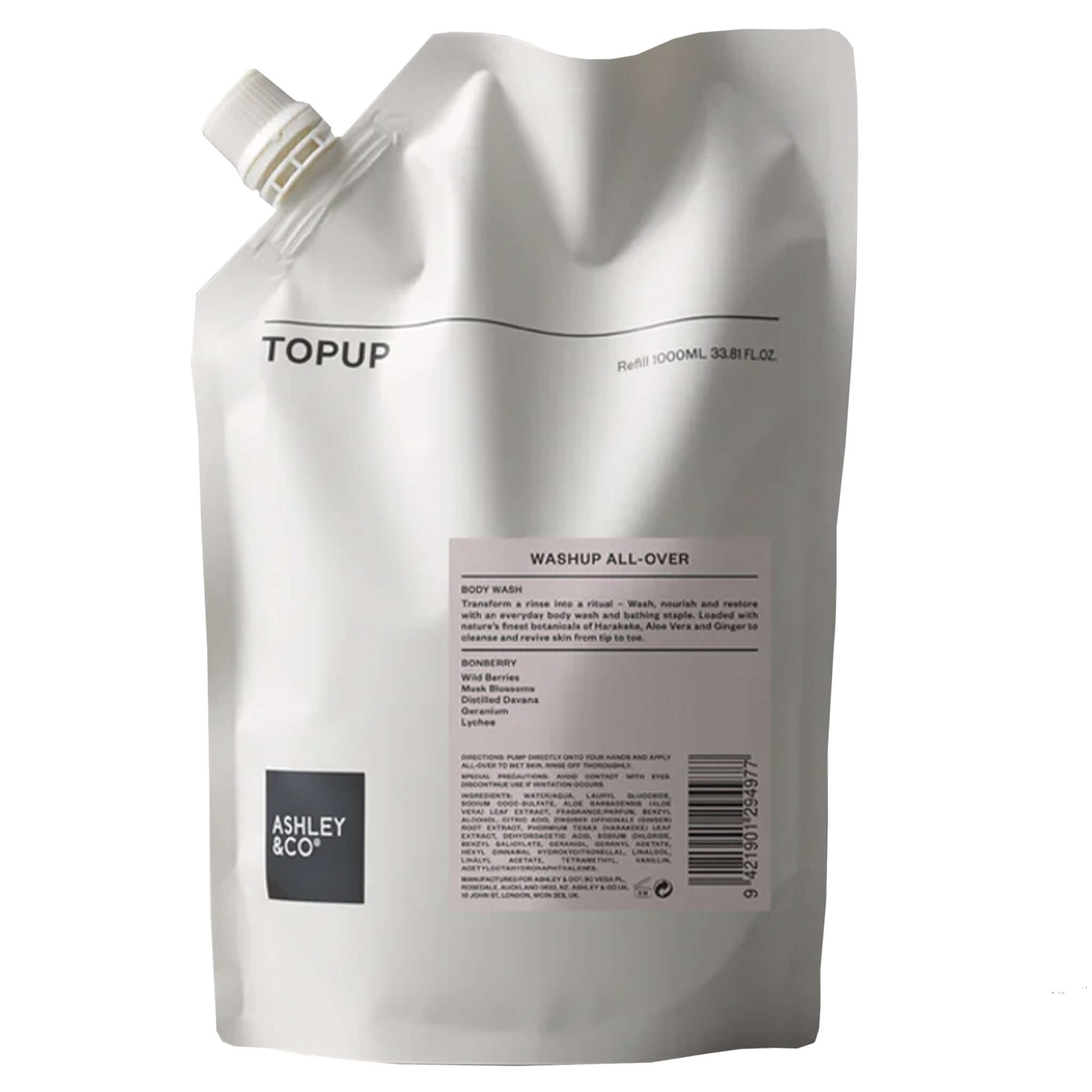 Alt Tag: Ashley & Co Topup Washup All-Over Body Wash Refill - Bonberry 1000ml refill pouch with spout, pH-balanced plant-based wash