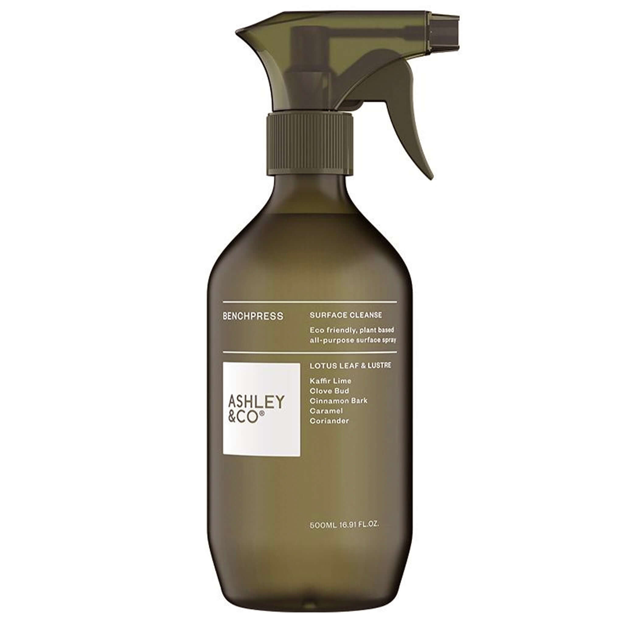 Alt Tag: Ashley & Co Benchpress Surface Cleaner - Lotus Leaf & Lustre 500ml spray bottle eco-friendly biodegradable surface cleanser