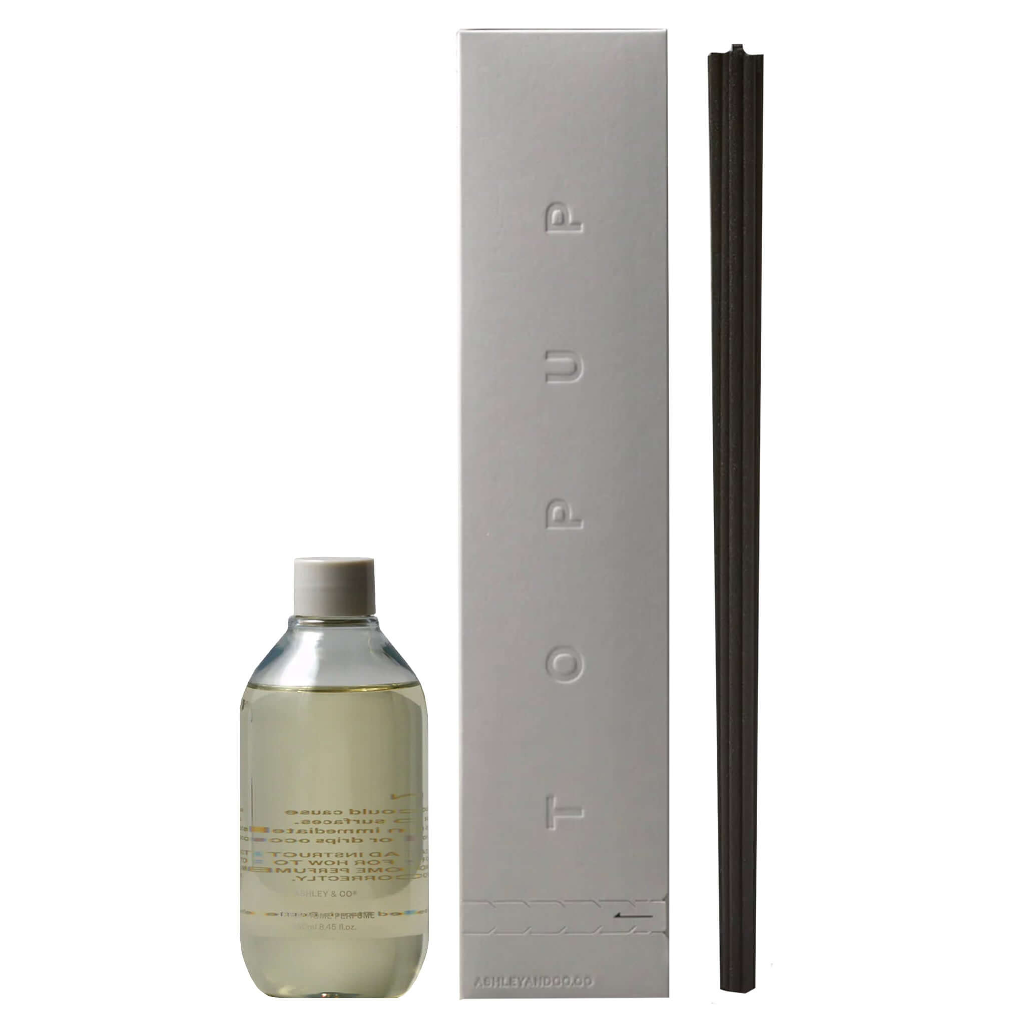 Alt Tag: Ashley & Co TopUp Home Perfume Refill Kit 250ml refill bottle with reed sticks and box for home fragrance diffuser