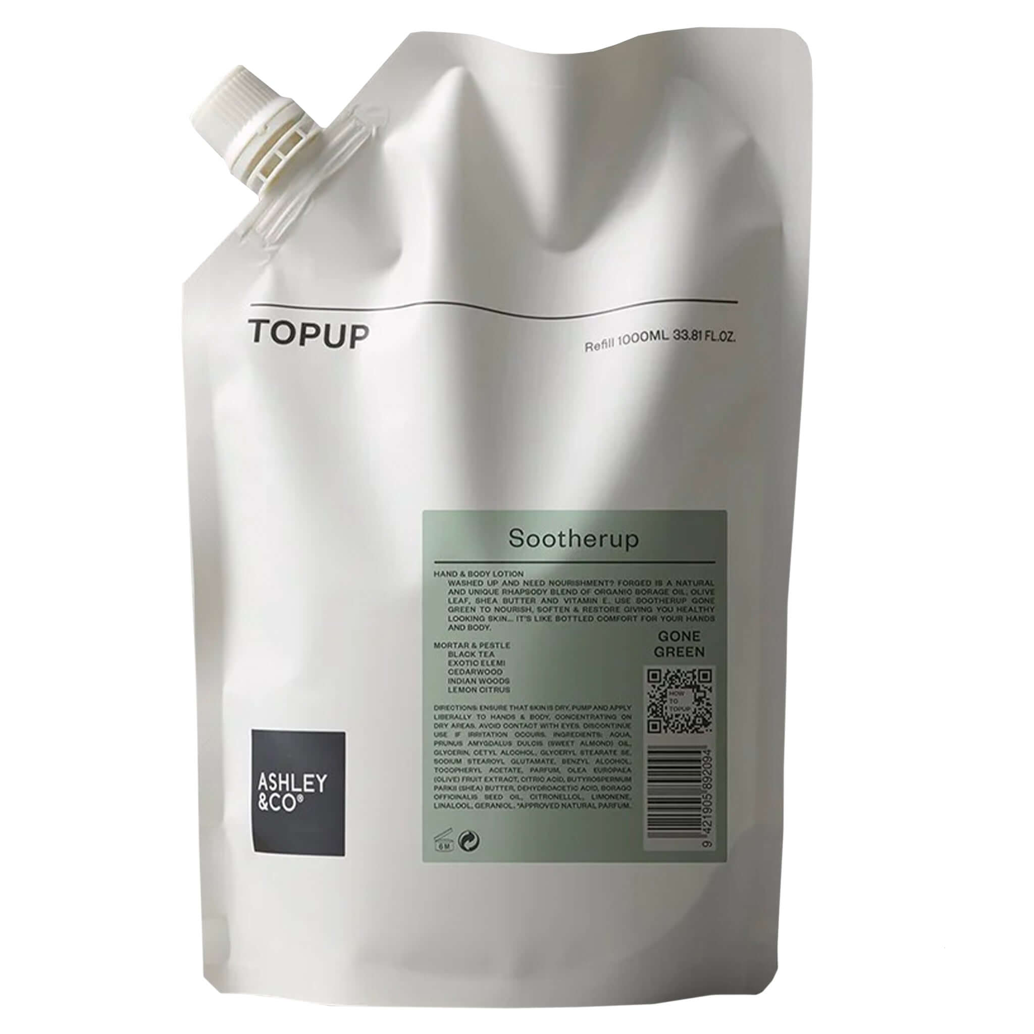 Alt Tag: Ashley & Co Topup Sootherup Hand & Body Lotion Refill 1L pouch, Sootherup nourishing hand & body lotion refill with honey, camomile