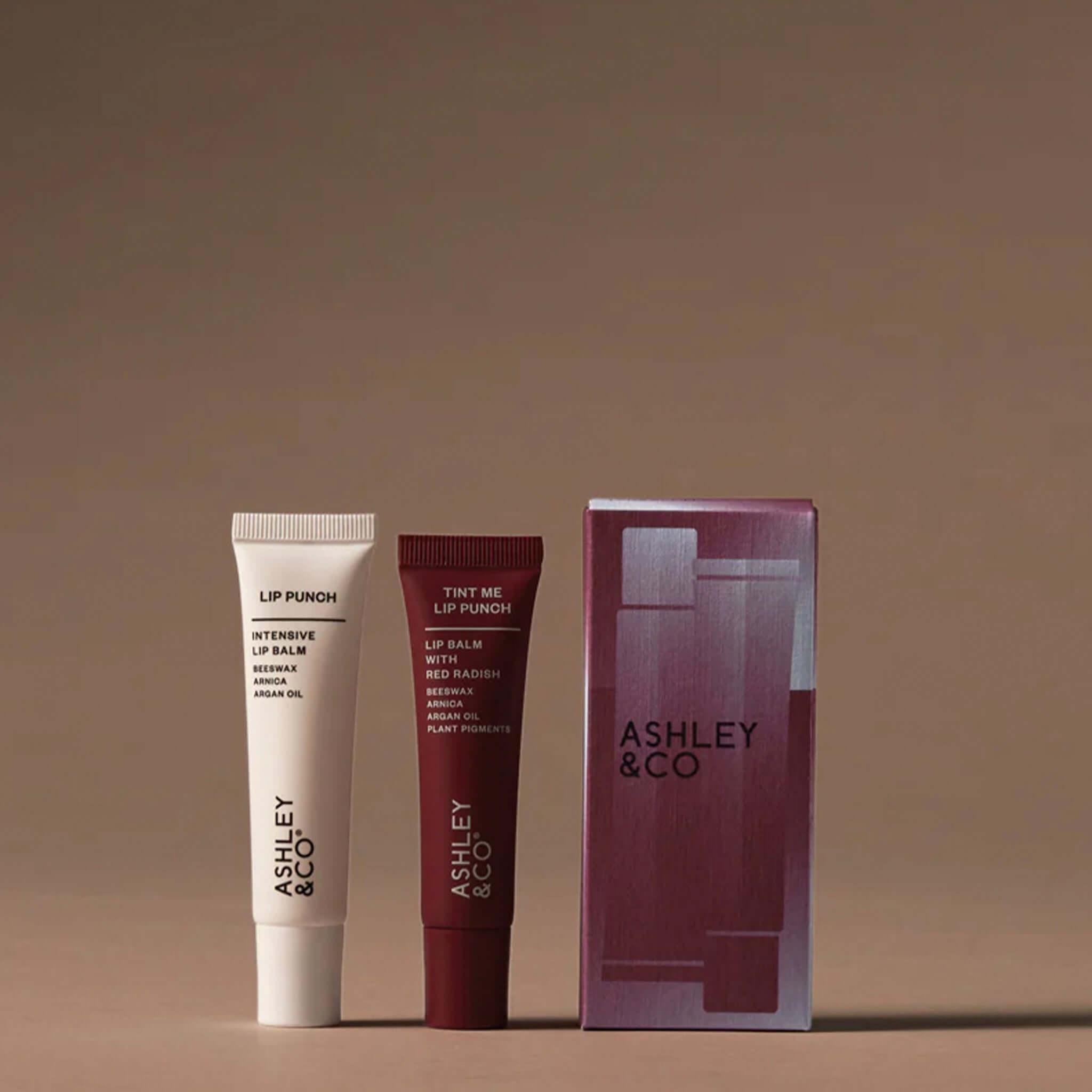 Alt Tag: Ashley & Co Twice As Lippy Gift Set with Lip Punch balm and Tint Me Lip Punch Red Radish tube and box