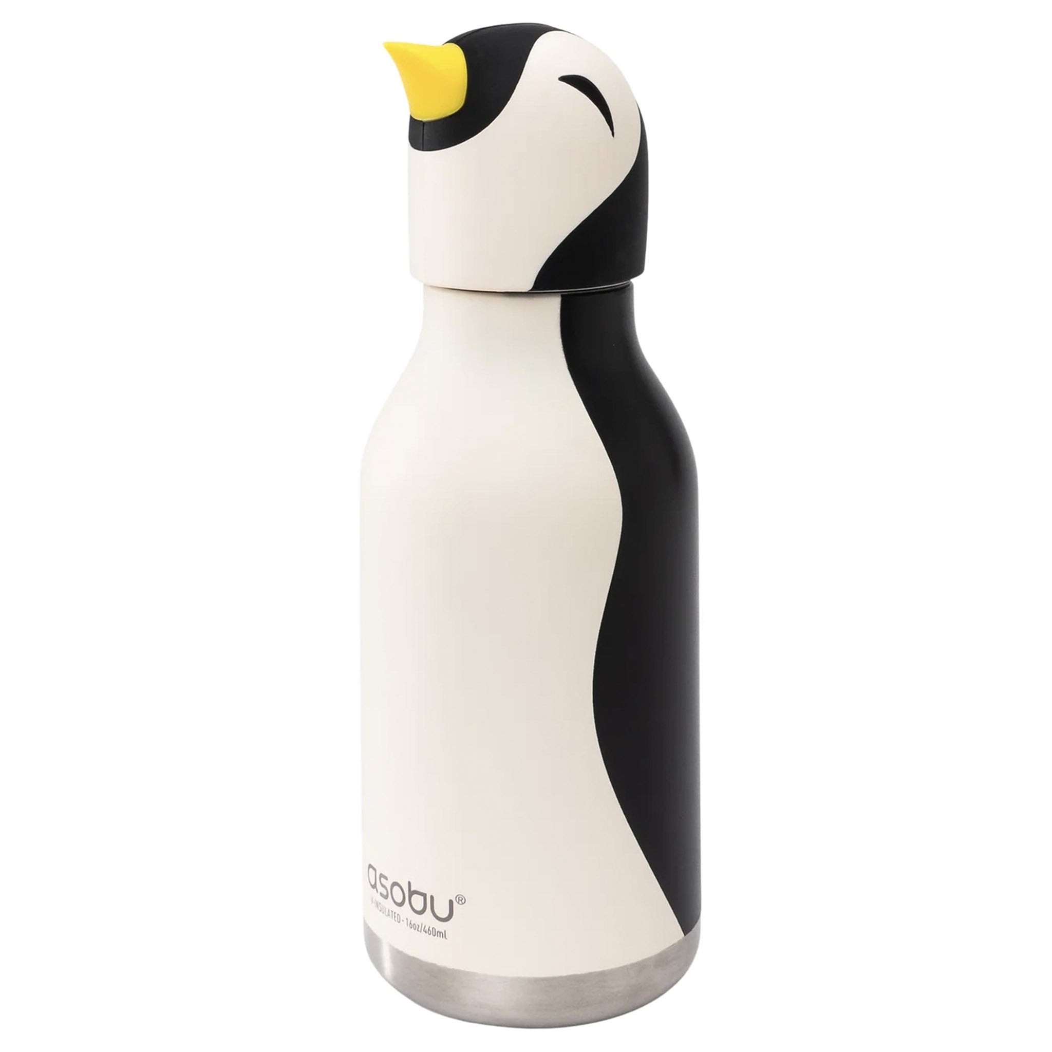Penguin-shaped bottle with a white and black design on a white background