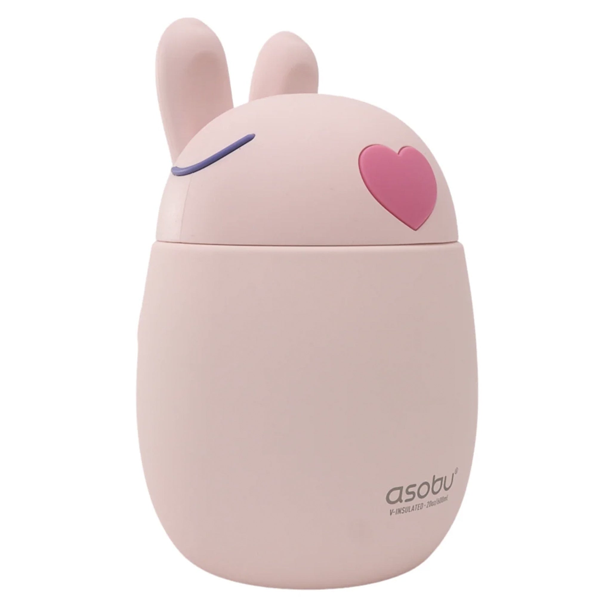 Pink cartoon-style container with bunny ears and a heart on a white background