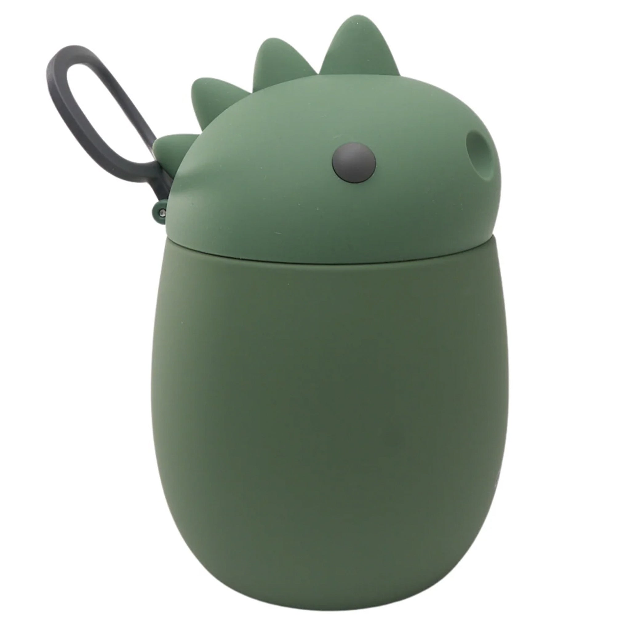 Green dinosaur-shaped container with a lid on a white background