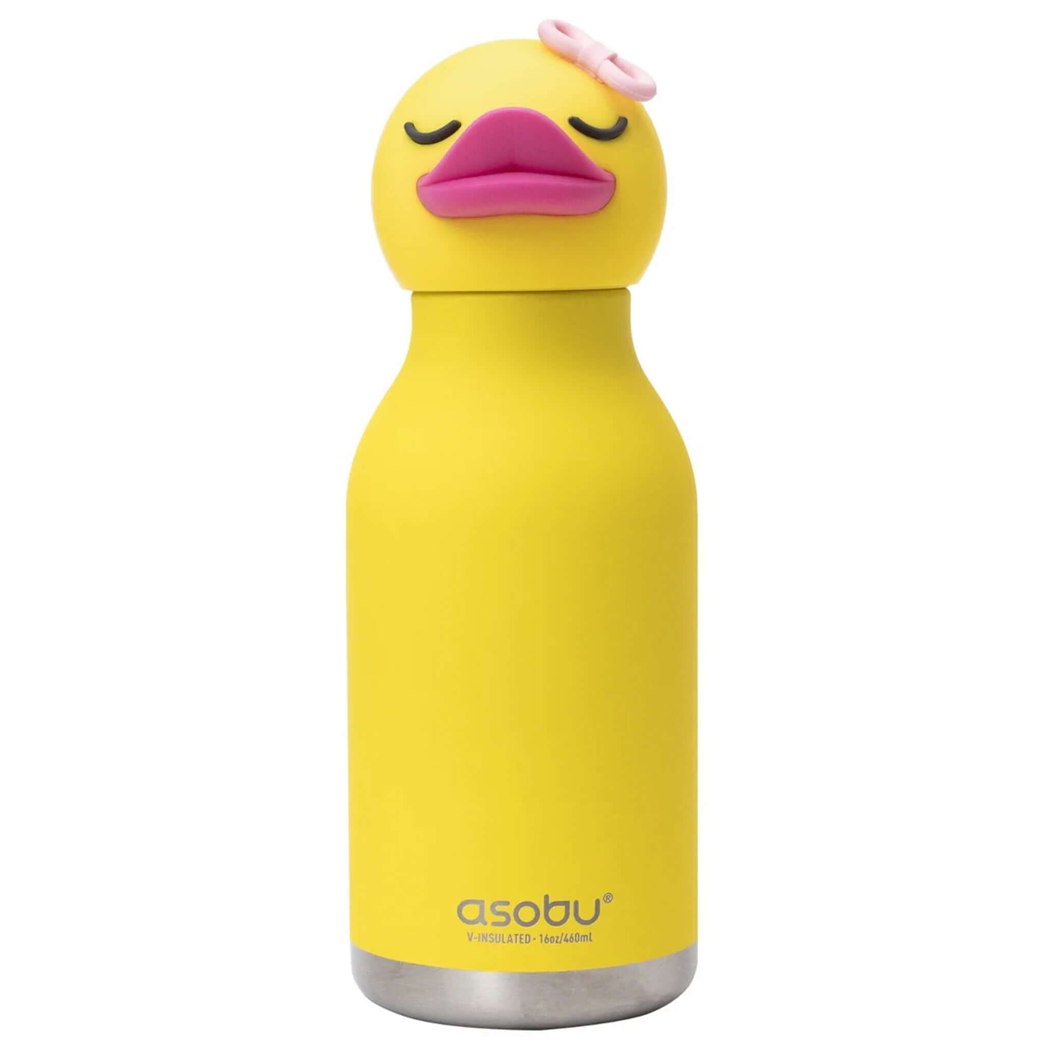 Yellow duck-shaped water bottle with a pink beak on a white background