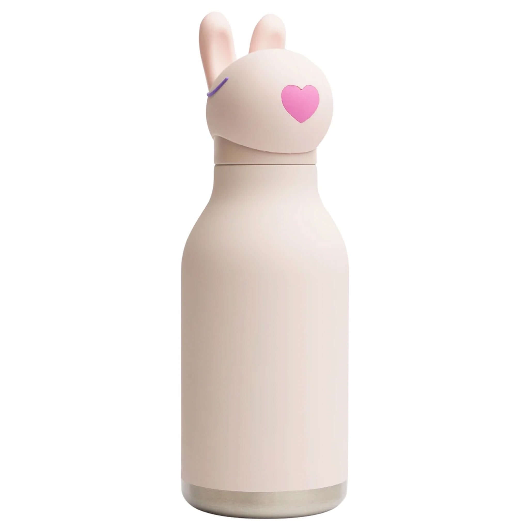 Pink water bottle with a bunny design on a white background