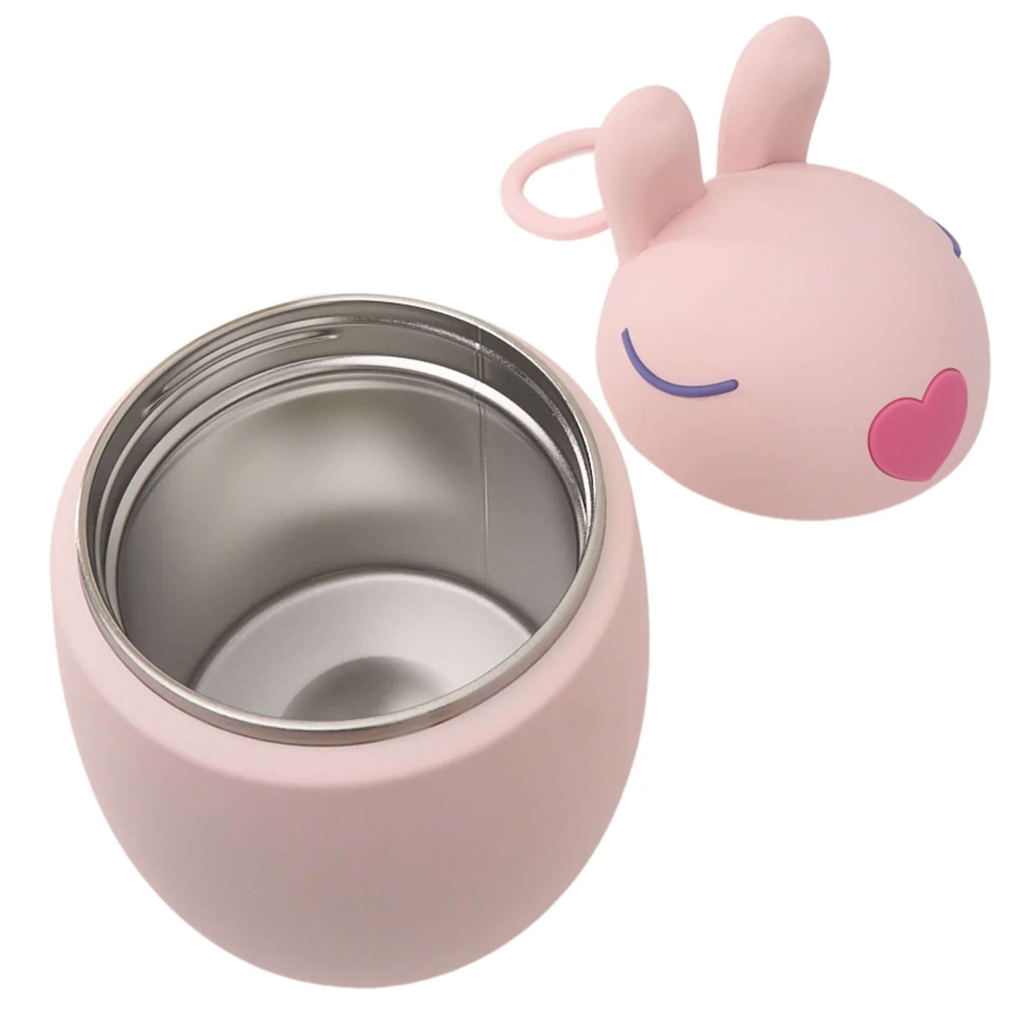 Pink thermos with a cartoon rabbit lid on a white background