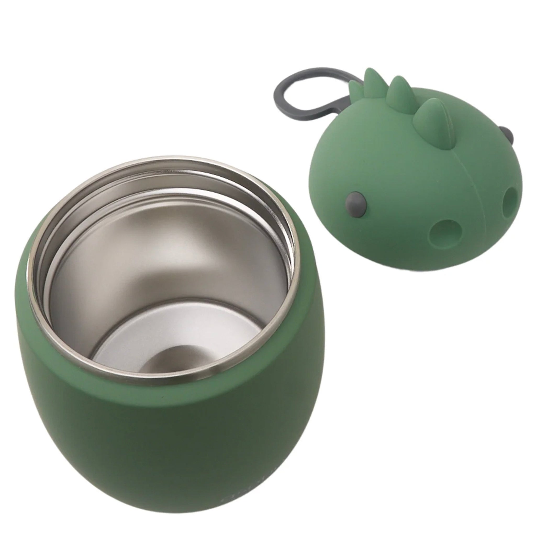 Green thermos with dinosaur-shaped lid on a white background