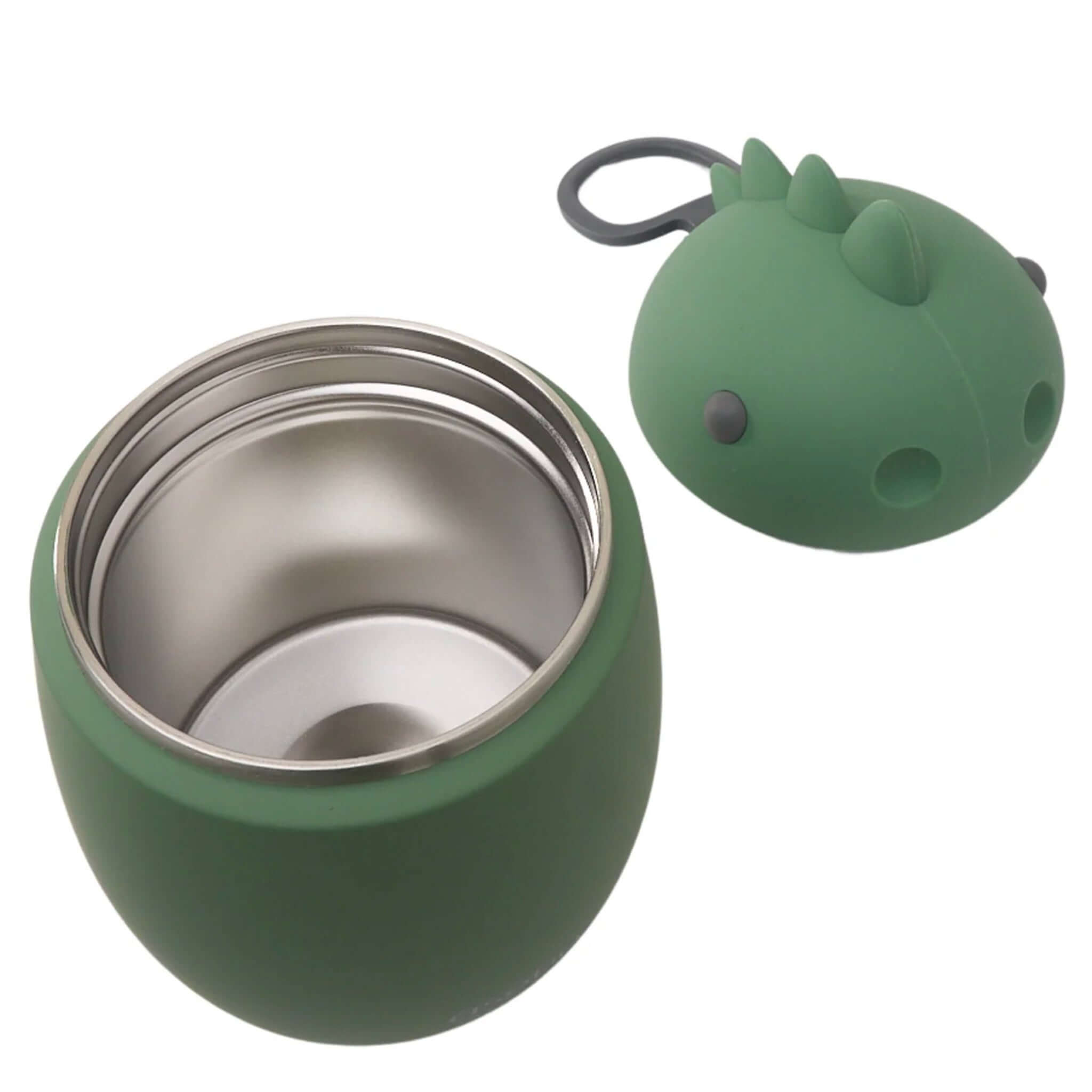 Green thermos with dinosaur-shaped lid on a white background